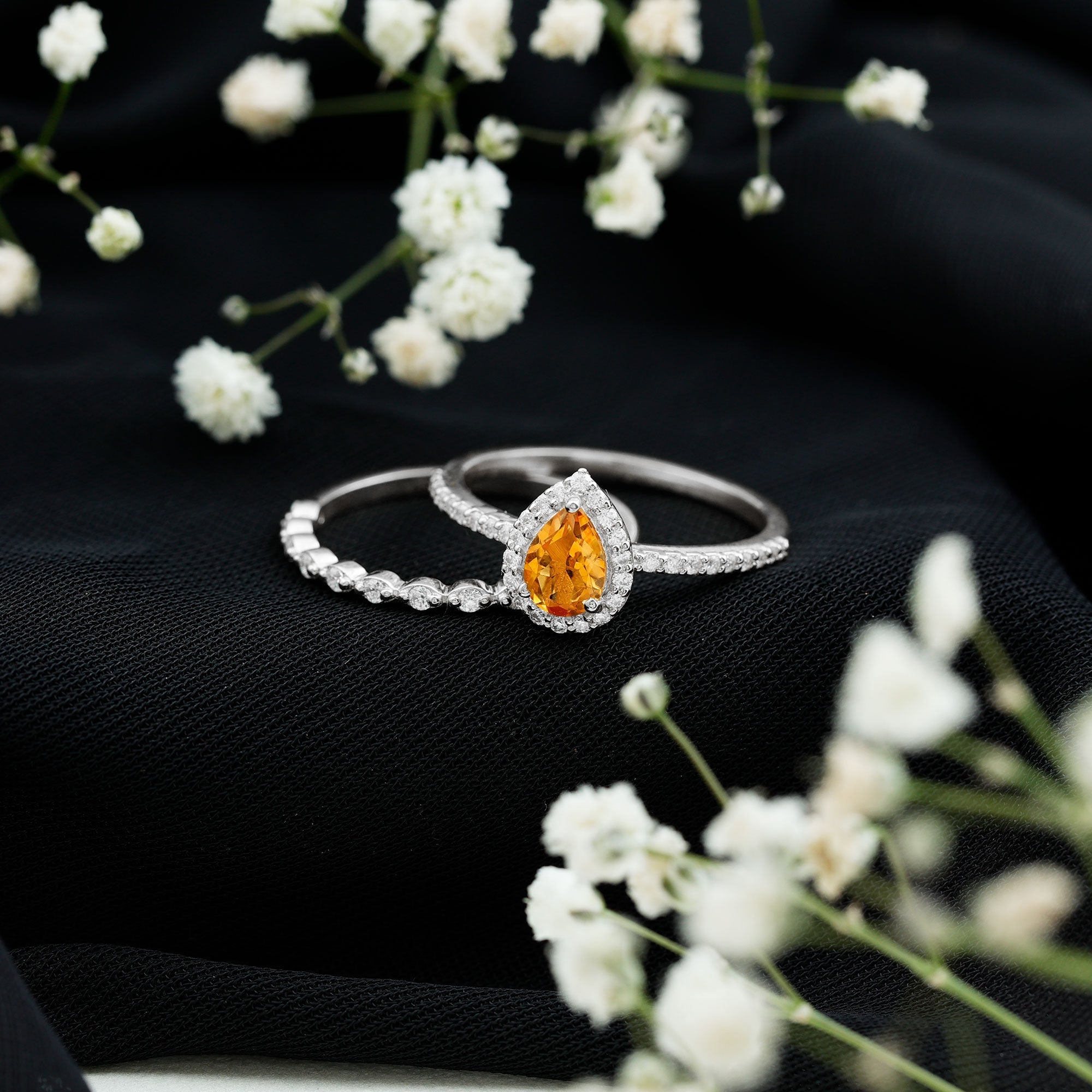 Real 0.6 Carat Citrine Teardrop Bridal Ring Set with Diamond