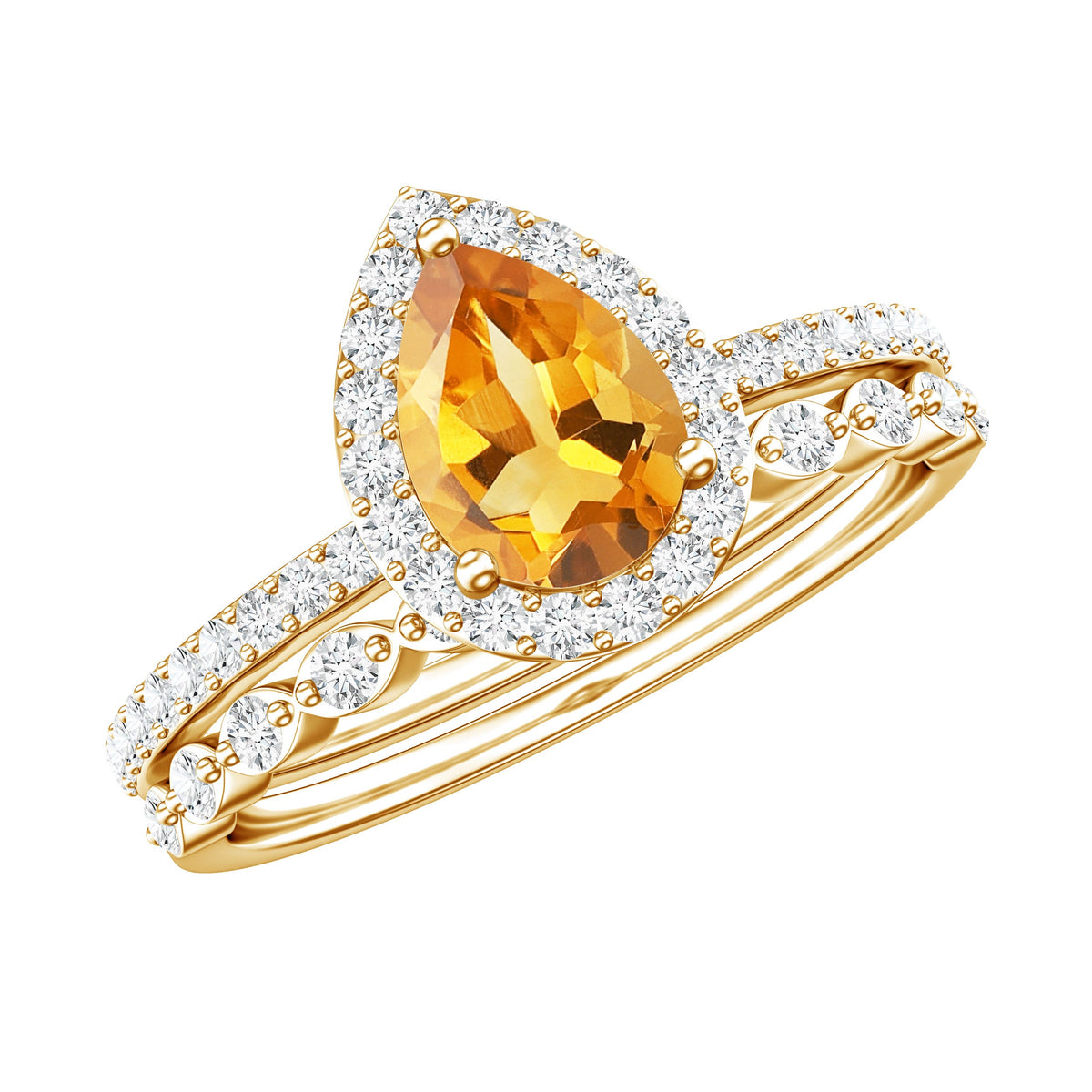 Real 0.6 Carat Citrine Teardrop Bridal Ring Set with Diamond