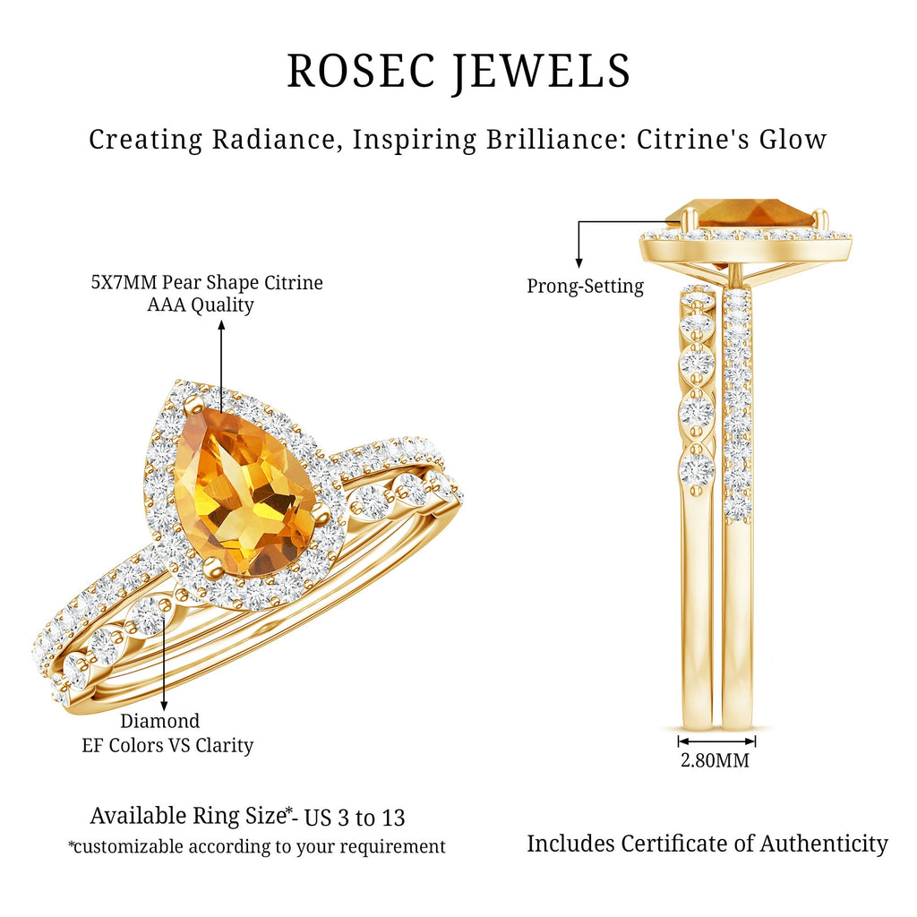 Real 0.6 Carat Citrine Teardrop Bridal Ring Set with Diamond