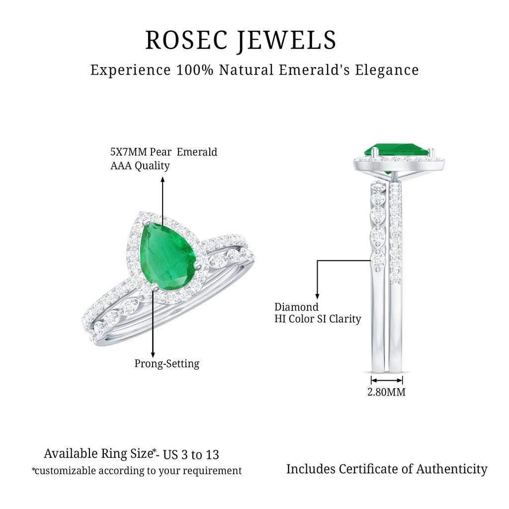 Natural Emerald Diamond Teardrop Engagement Ring and Wedding Band Set