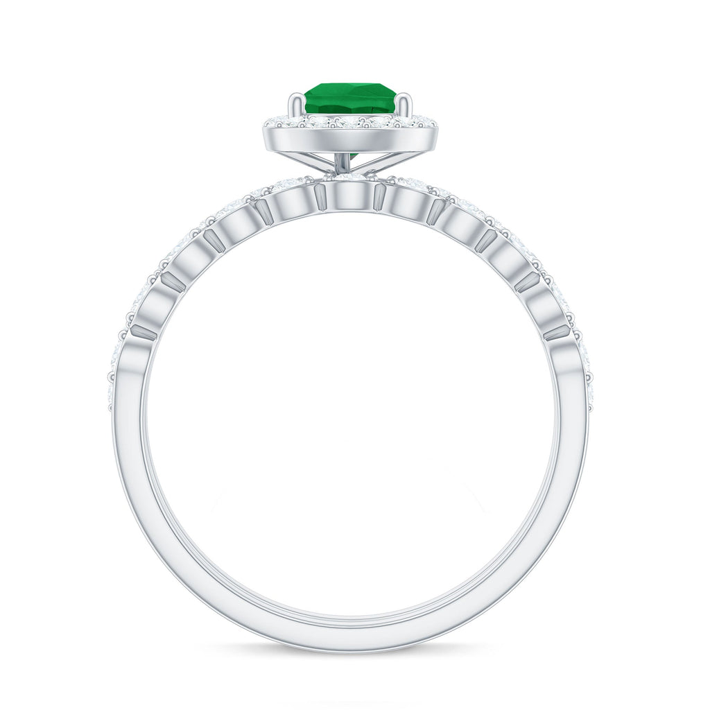 Natural Emerald Diamond Teardrop Engagement Ring and Wedding Band Set