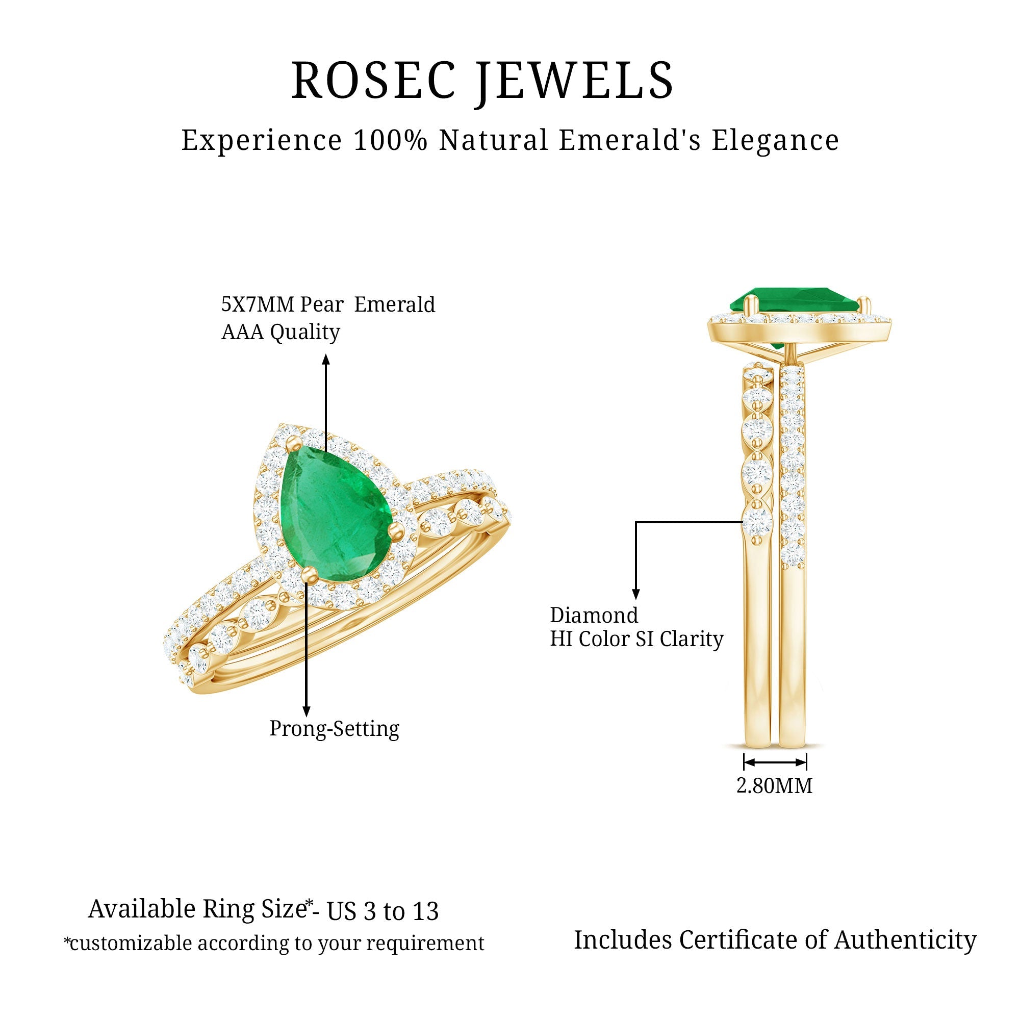 Natural Emerald Diamond Teardrop Engagement Ring and Wedding Band Set