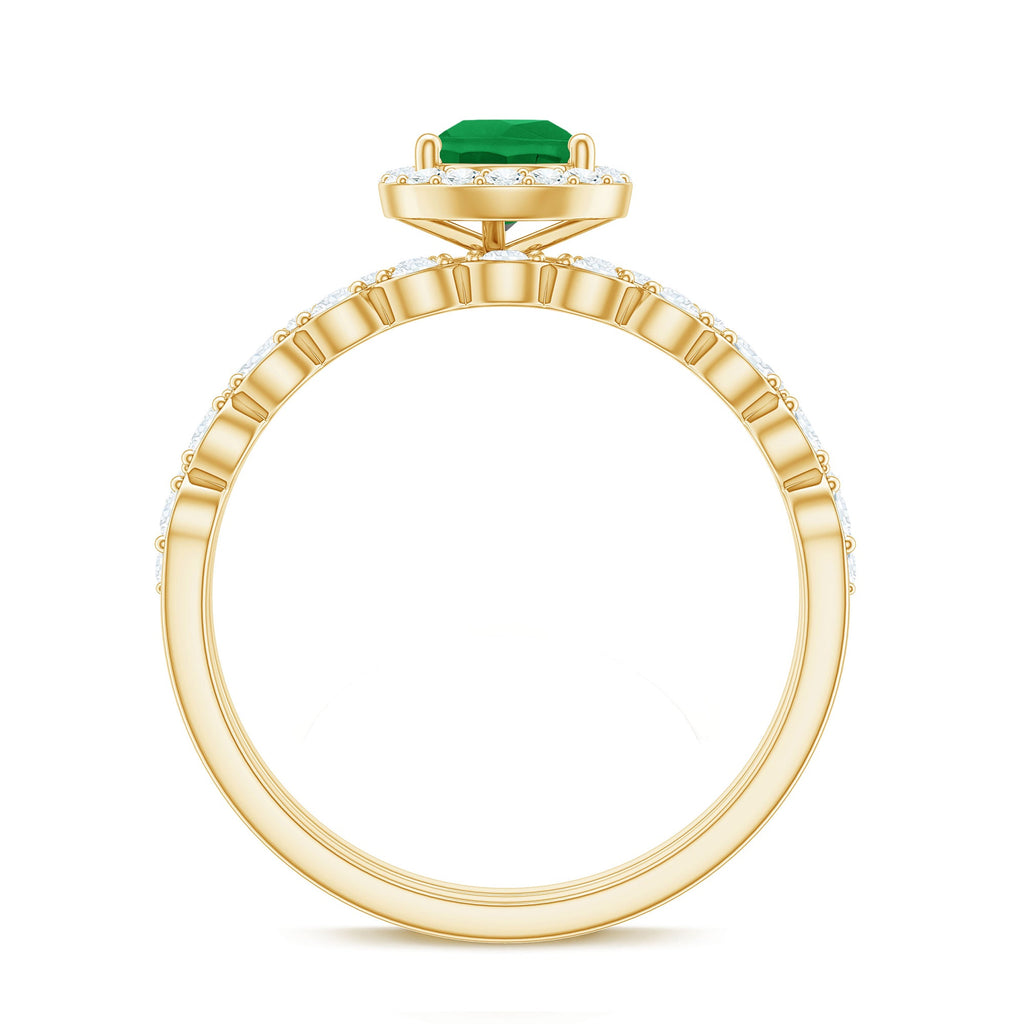 Natural Emerald Diamond Teardrop Engagement Ring and Wedding Band Set