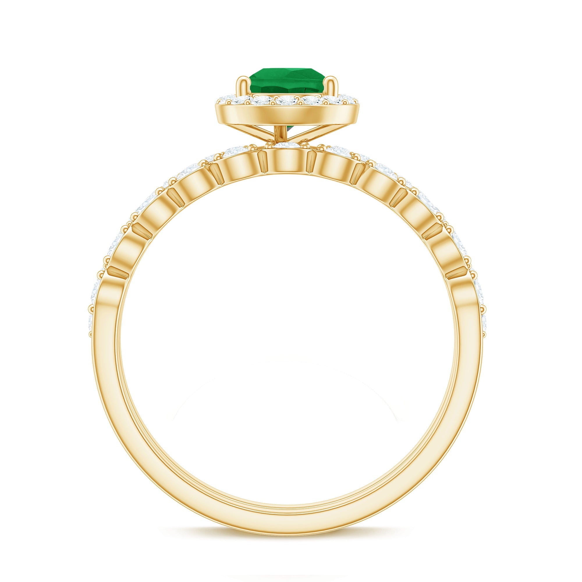 Natural Emerald Diamond Teardrop Engagement Ring and Wedding Band Set