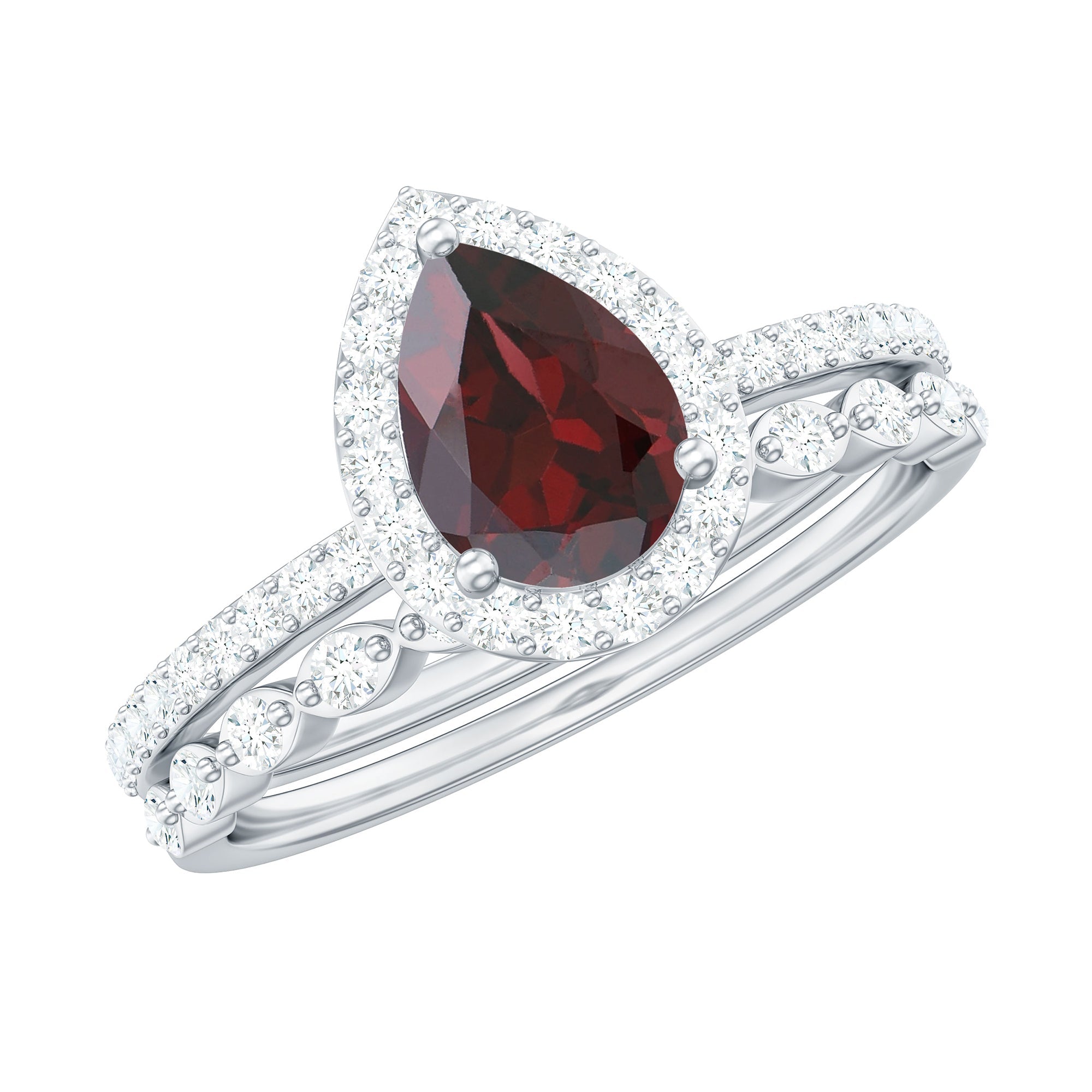 Natural 0.8 Carat Pear Shape Garnet Wedding Engagement Ring Set of 2