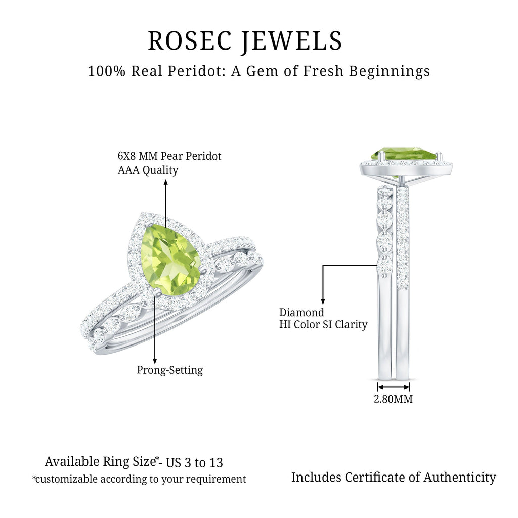 Natural 1 Carat Pear Shape Peridot Wedding Bridal Ring Set with Diamond