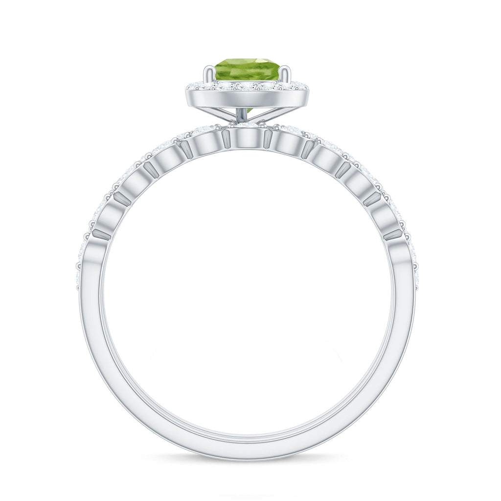 Natural 1 Carat Pear Shape Peridot Wedding Bridal Ring Set with Diamond
