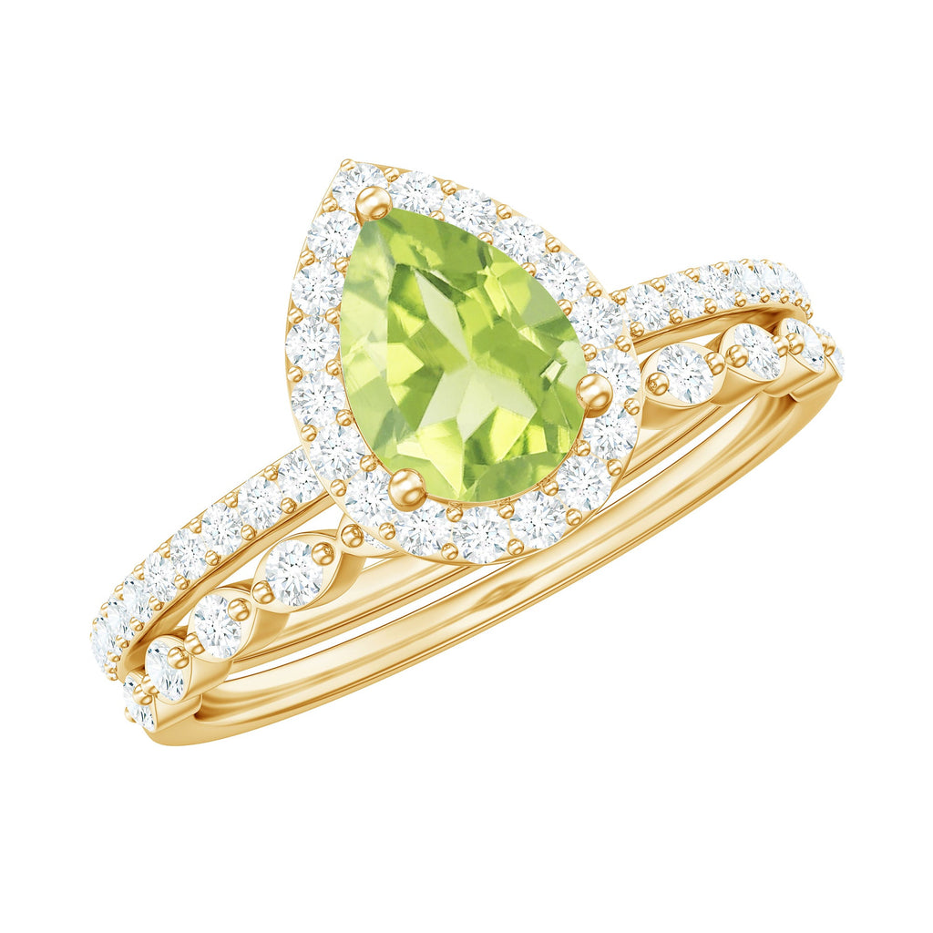 Natural 1 Carat Pear Shape Peridot Wedding Bridal Ring Set with Diamond