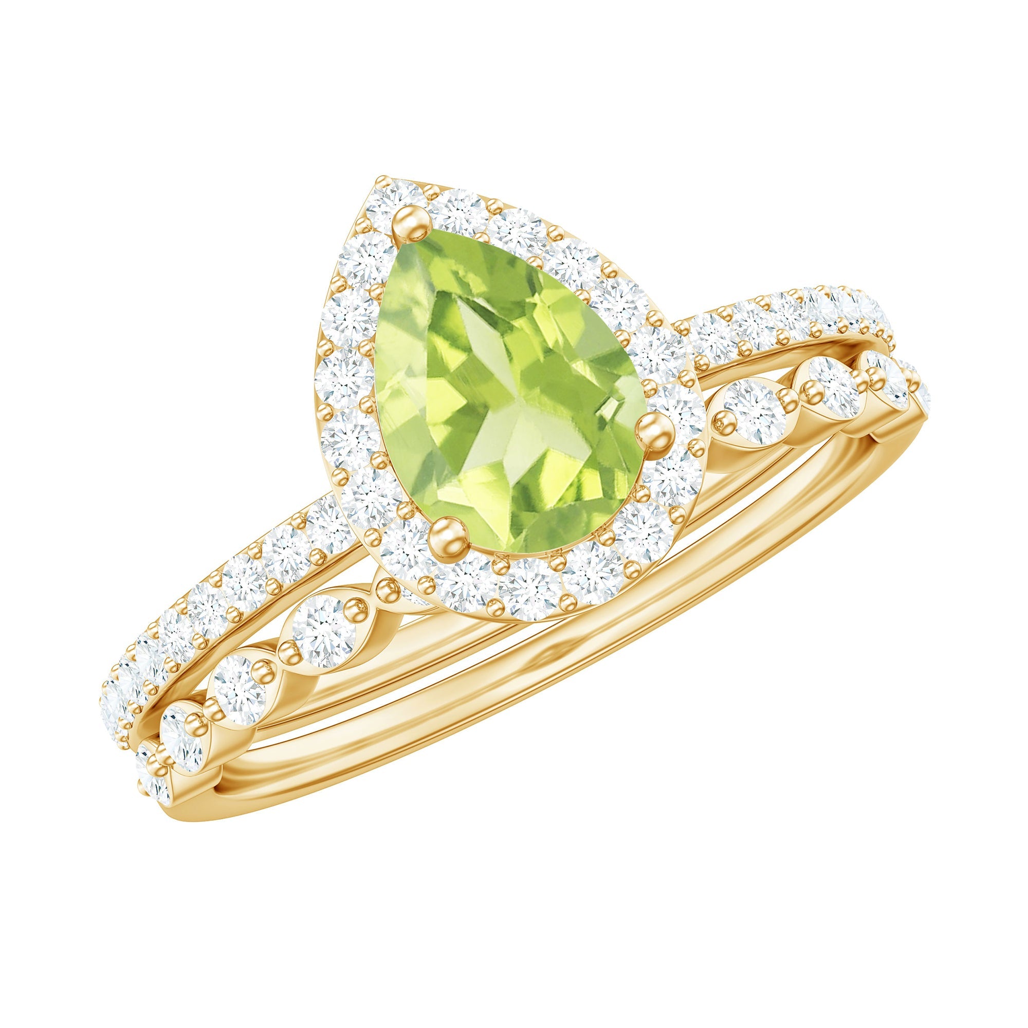Natural 1 Carat Pear Shape Peridot Wedding Bridal Ring Set with Diamond