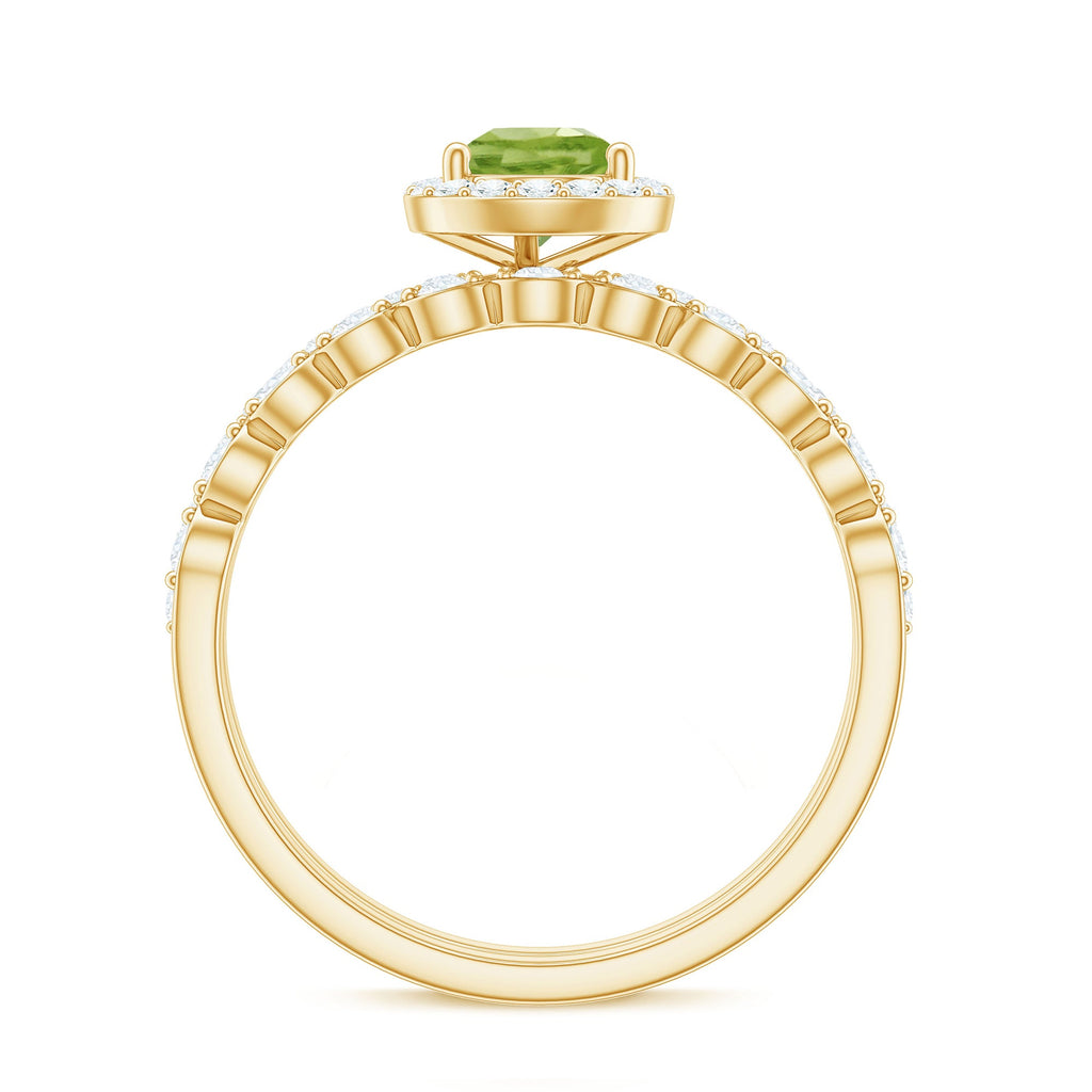 Natural 1 Carat Pear Shape Peridot Wedding Bridal Ring Set with Diamond