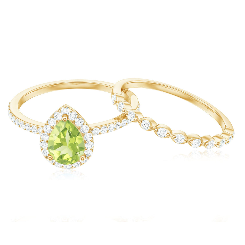 Natural 1 Carat Pear Shape Peridot Wedding Bridal Ring Set with Diamond