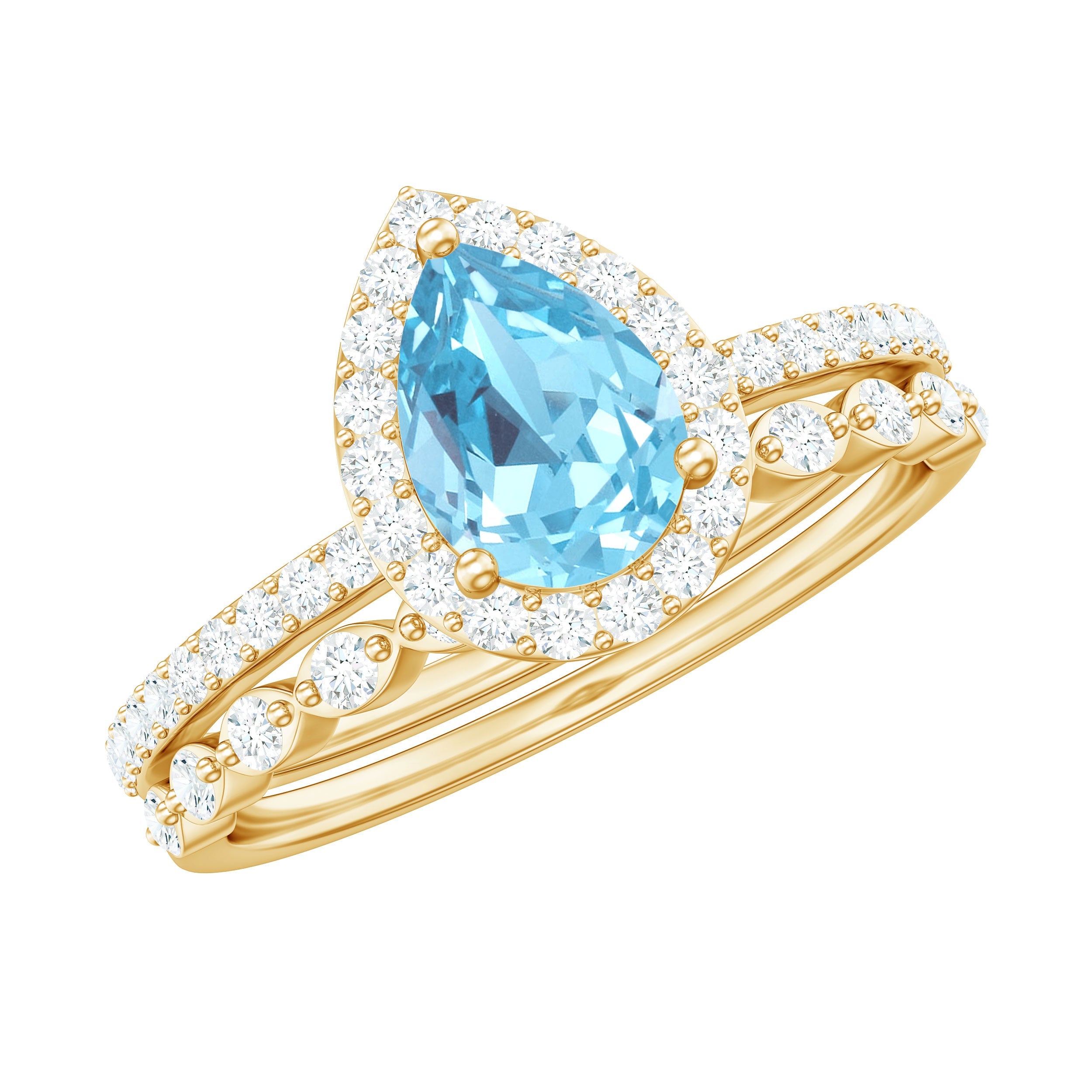 Genuine 1 Carat Aquamarine Bridal Ring Set with Diamond