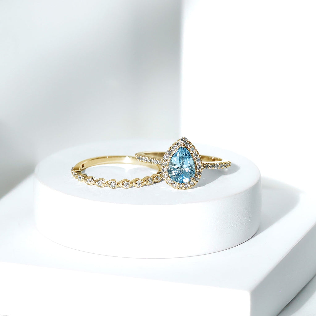 Genuine 1 Carat Aquamarine Bridal Ring Set with Diamond