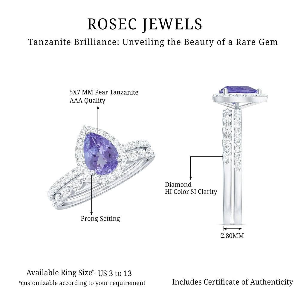 Natural 0.8 Carat Pear Shape Tanzanite Diamond Wedding Engagement Ring Set of 2