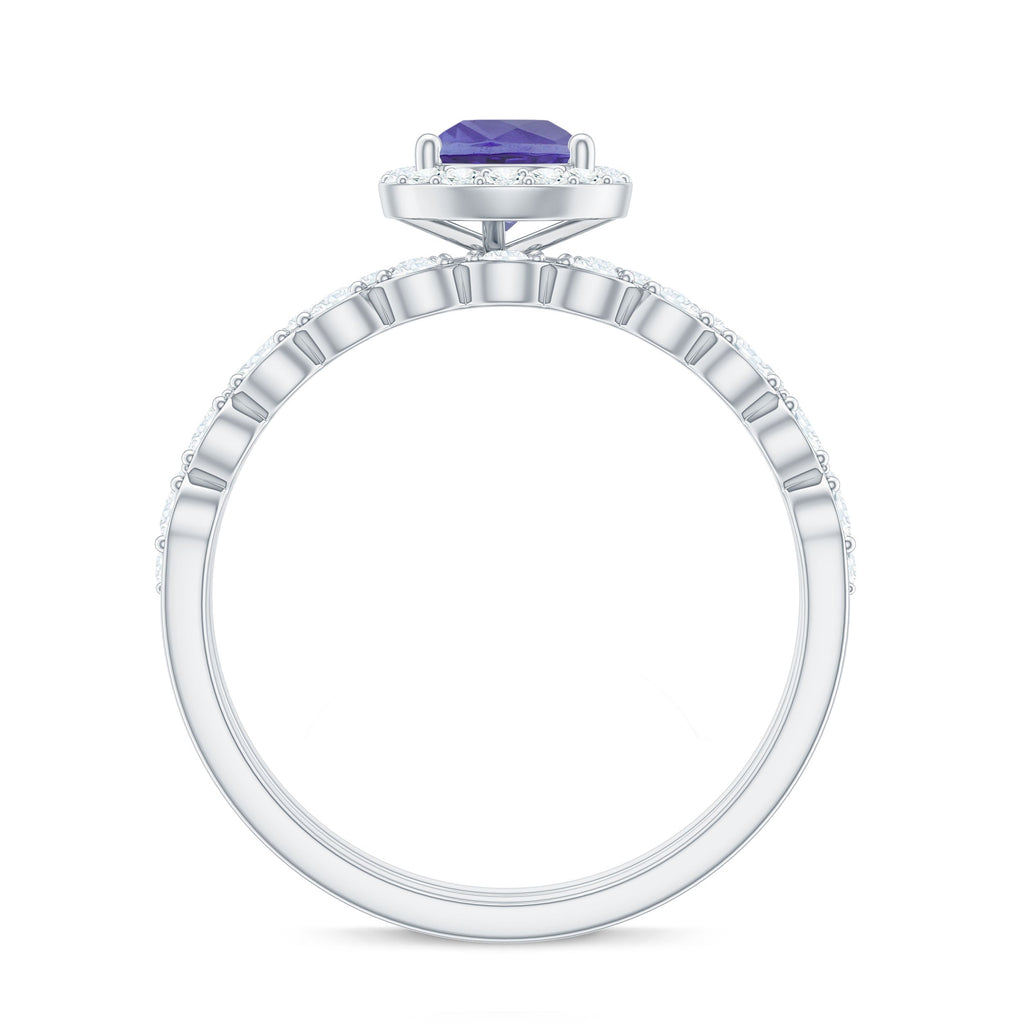Natural 0.8 Carat Pear Shape Tanzanite Diamond Wedding Engagement Ring Set of 2