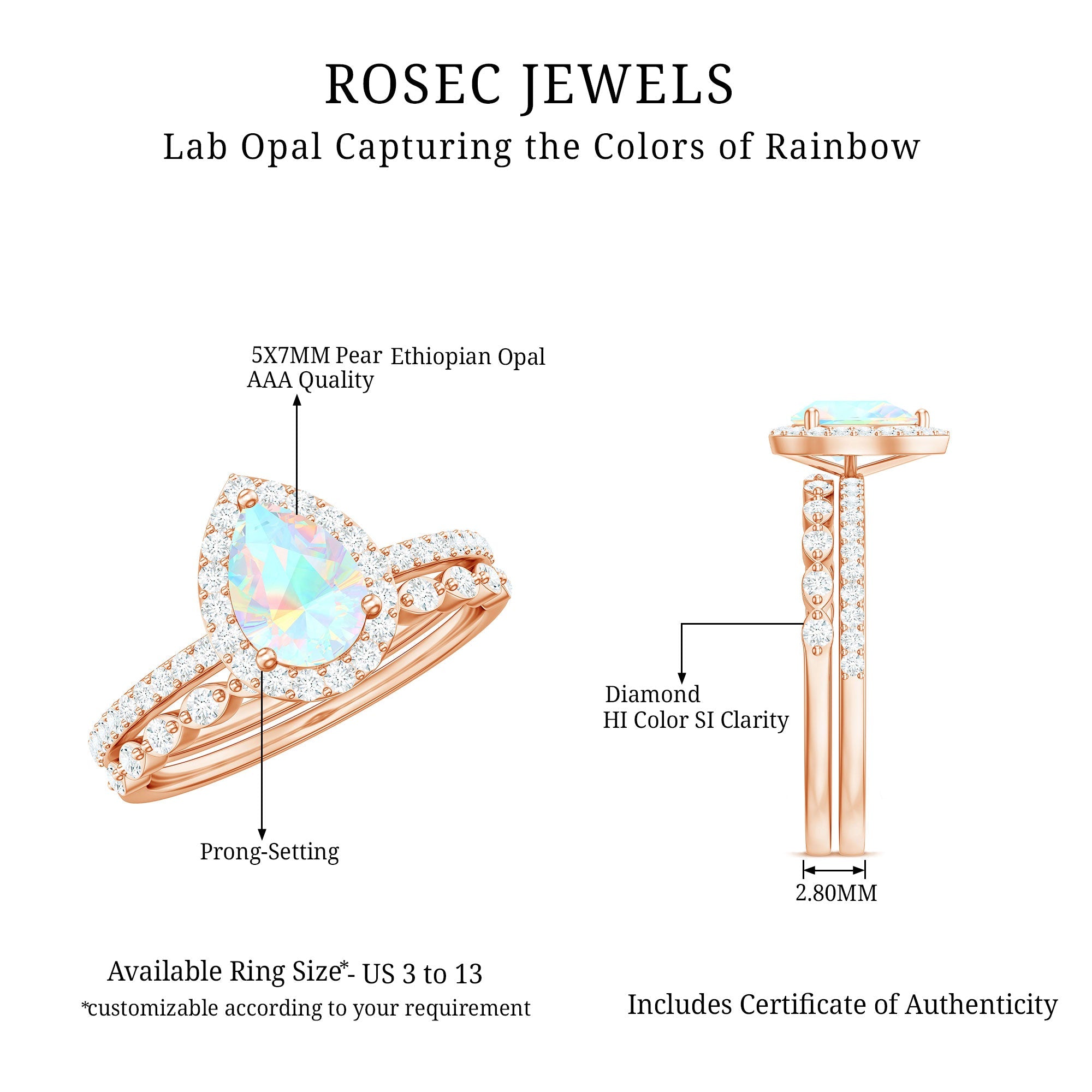 Natural Ethiopian Opal Diamond Pear Shaped Engagement Ring and Wedding Band Set