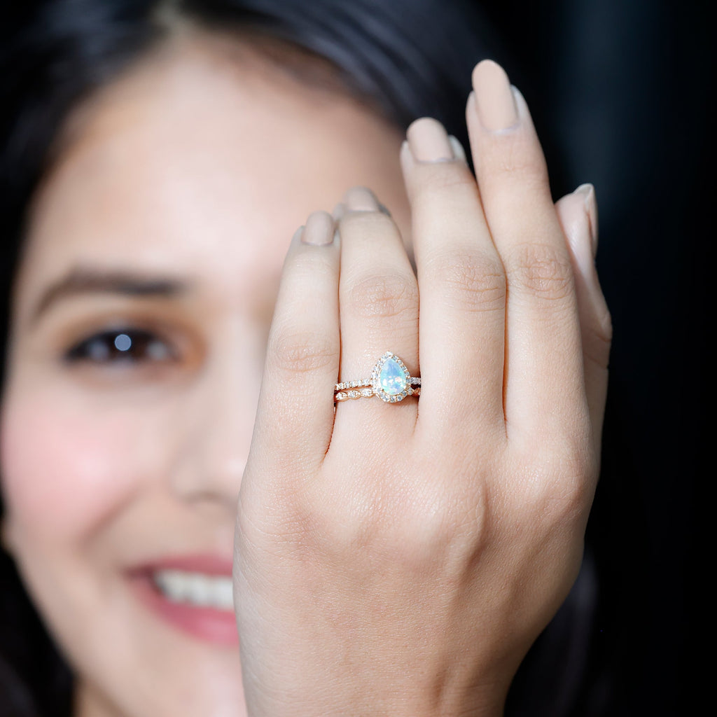 Natural Ethiopian Opal Diamond Pear Shaped Engagement Ring and Wedding Band Set