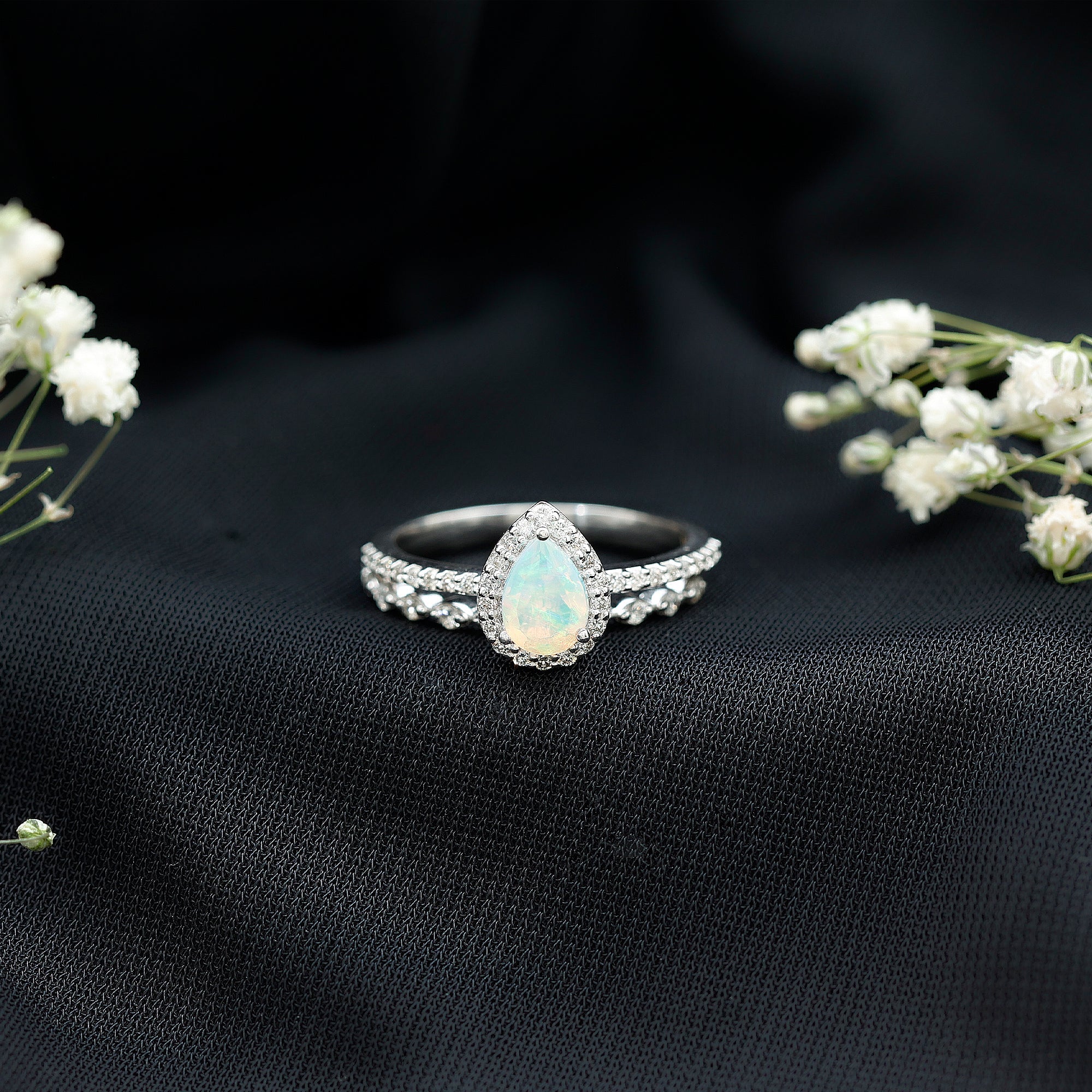 Natural Ethiopian Opal Diamond Pear Shaped Engagement Ring and Wedding Band Set