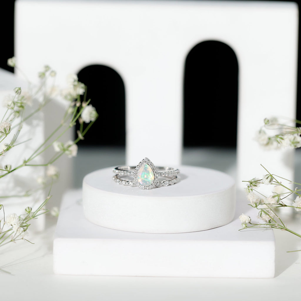 Natural Ethiopian Opal Diamond Pear Shaped Engagement Ring and Wedding Band Set