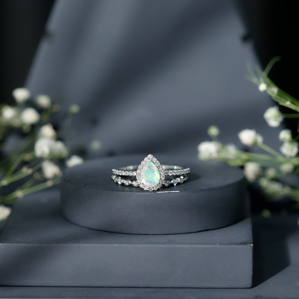 Natural Ethiopian Opal Diamond Pear Shaped Engagement Ring and Wedding Band Set
