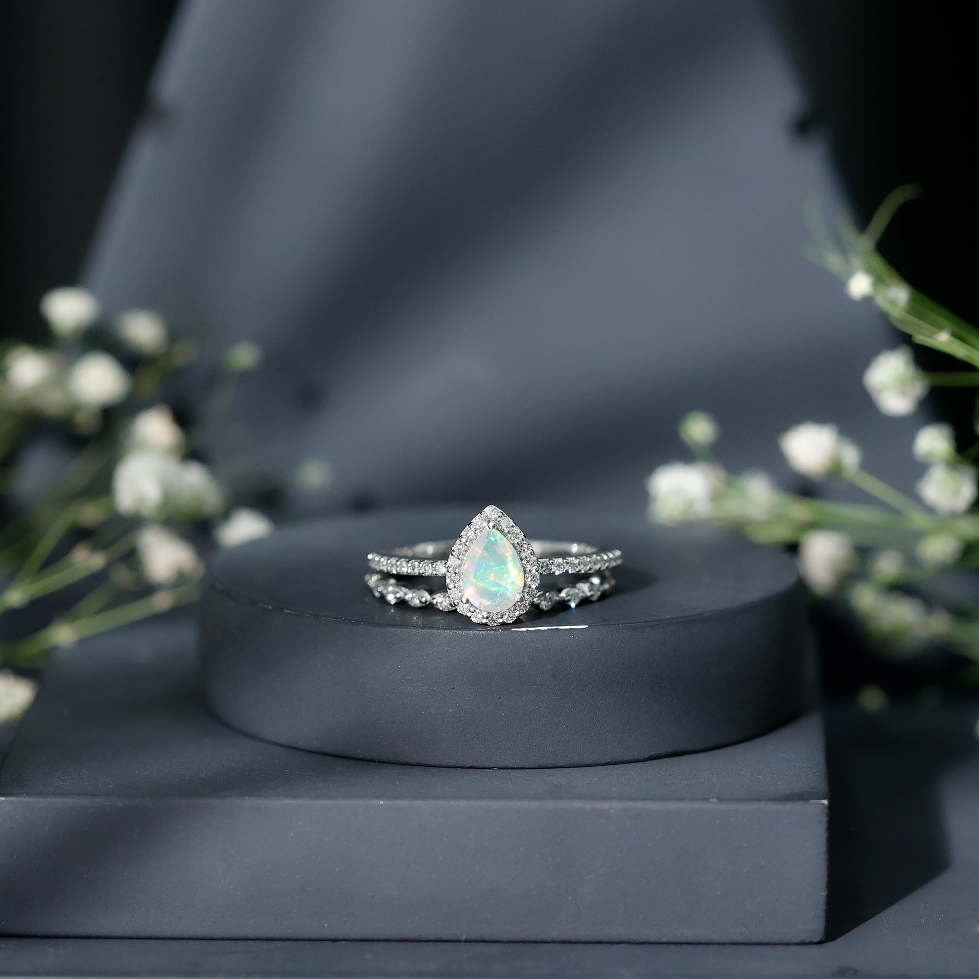 Natural Ethiopian Opal Diamond Pear Shaped Engagement Ring and Wedding Band Set
