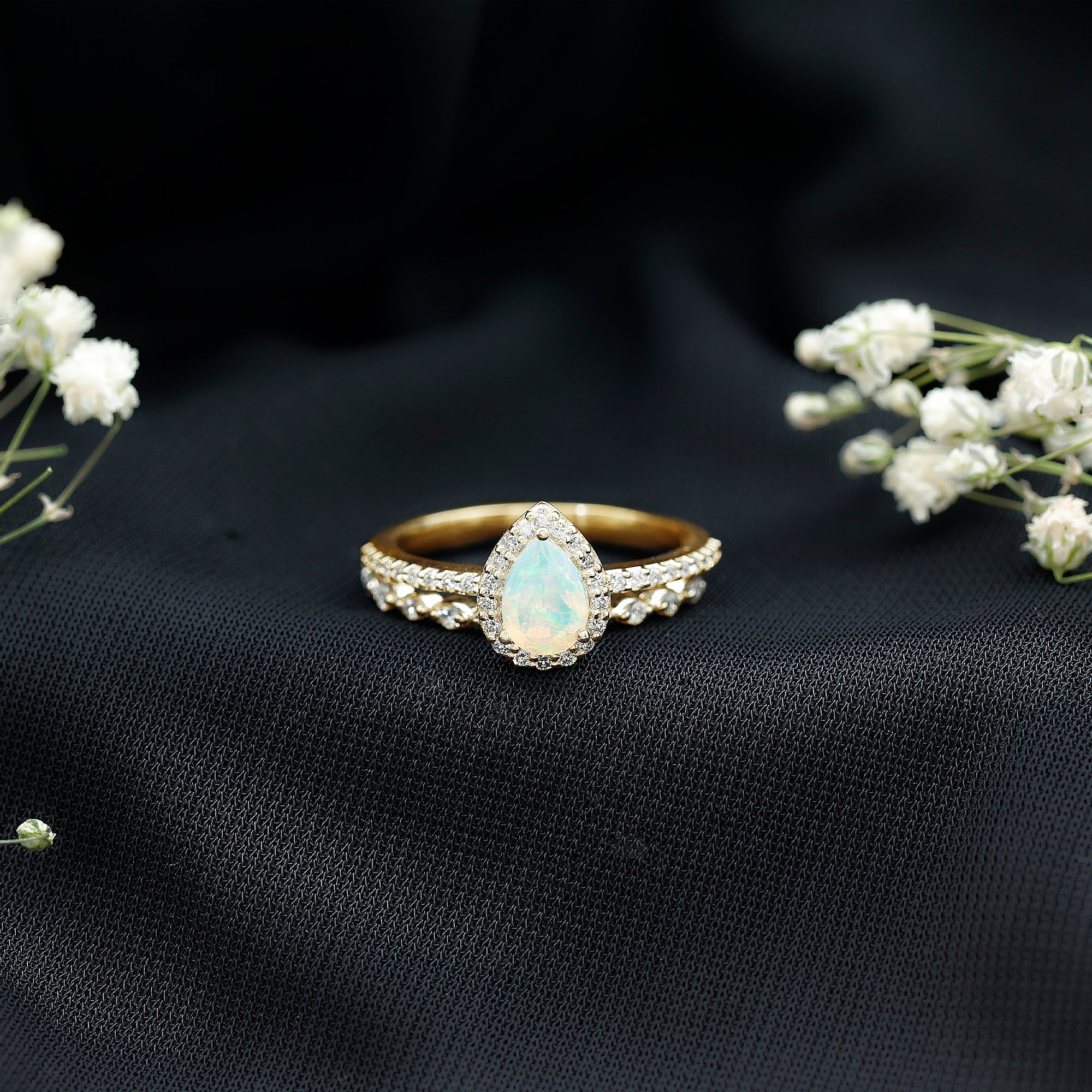 Natural Ethiopian Opal Diamond Pear Shaped Engagement Ring and Wedding Band Set