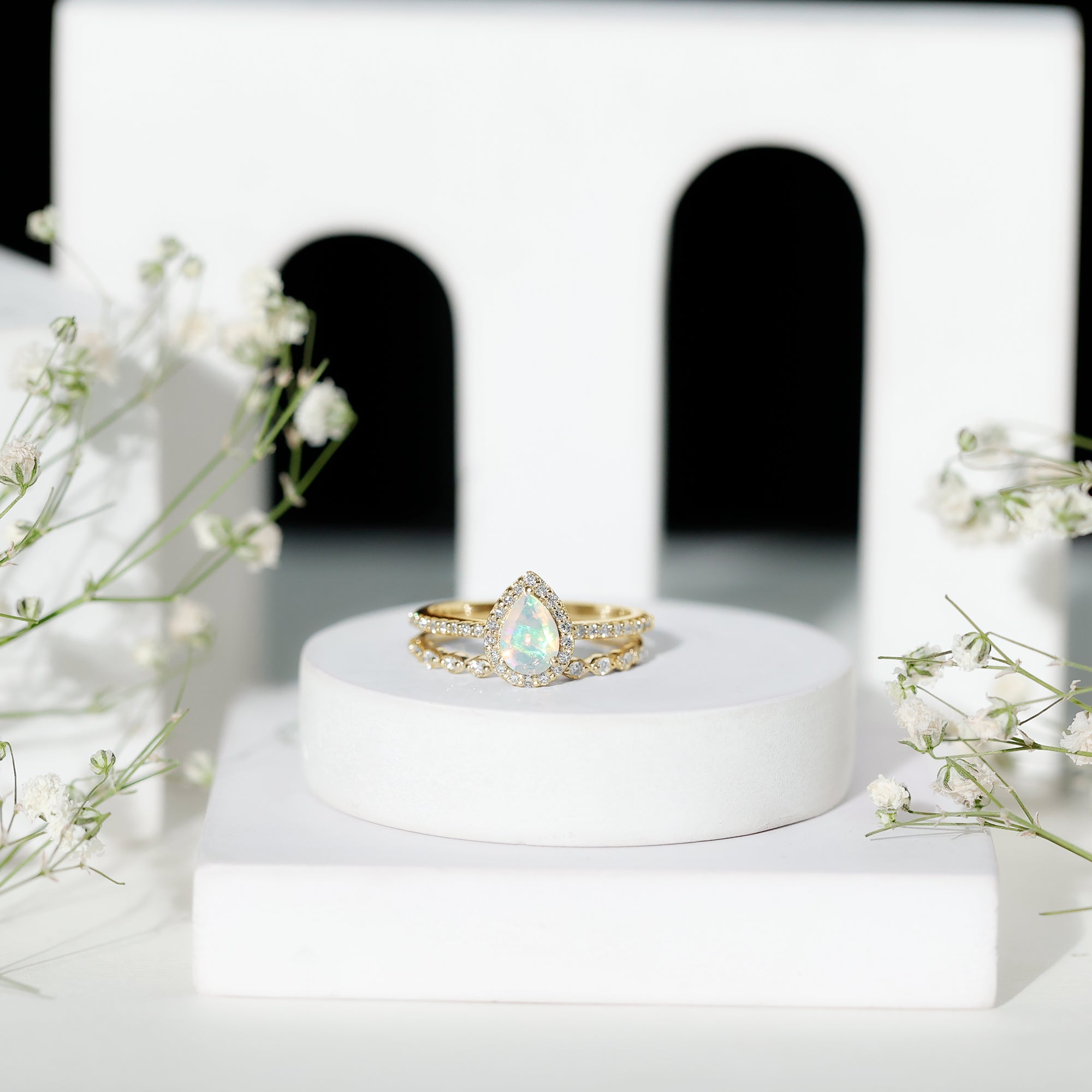Natural Ethiopian Opal Diamond Pear Shaped Engagement Ring and Wedding Band Set