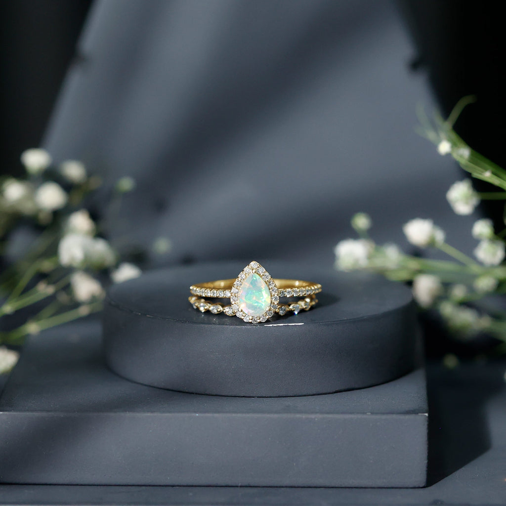 Natural Ethiopian Opal Diamond Pear Shaped Engagement Ring and Wedding Band Set