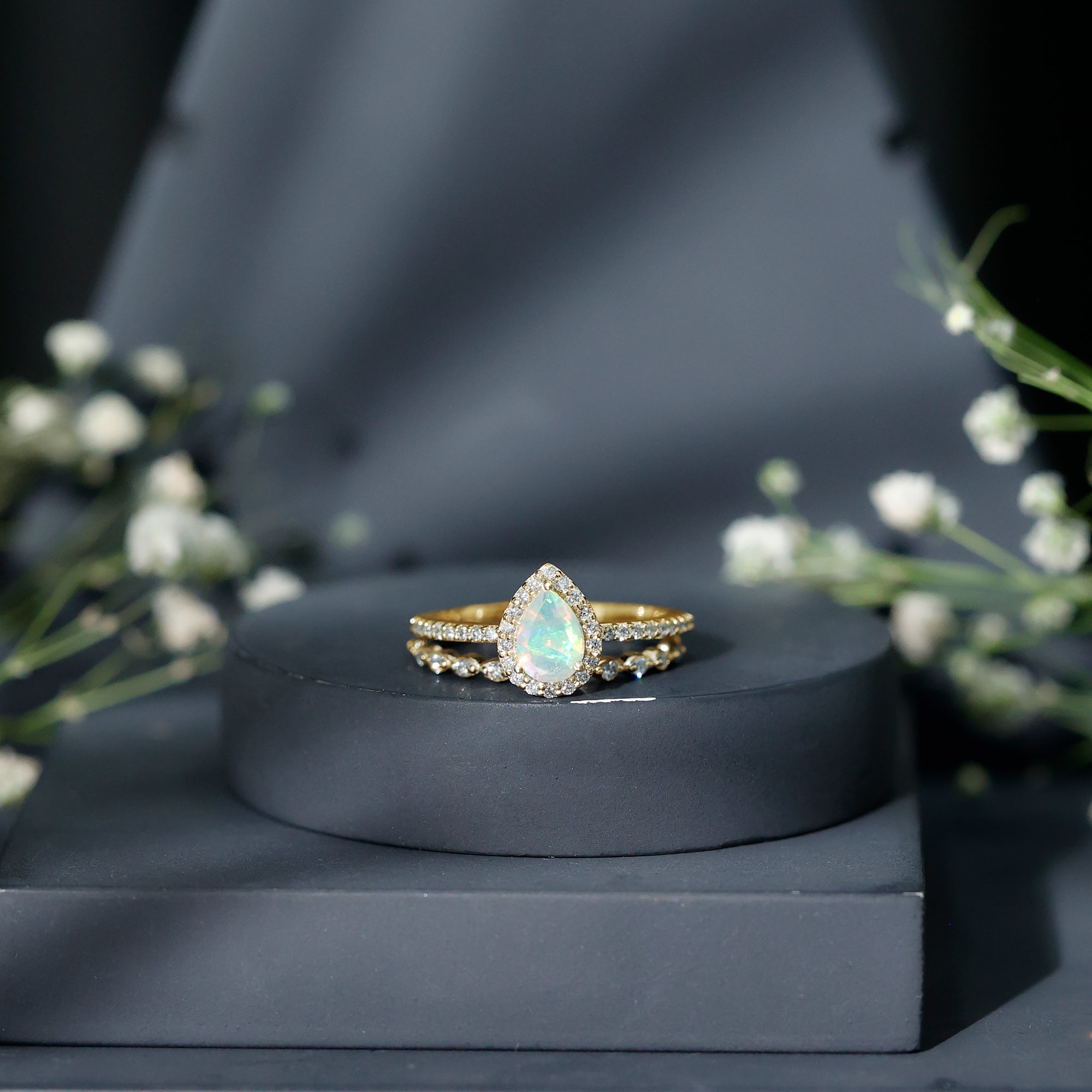 Natural Ethiopian Opal Diamond Pear Shaped Engagement Ring and Wedding Band Set
