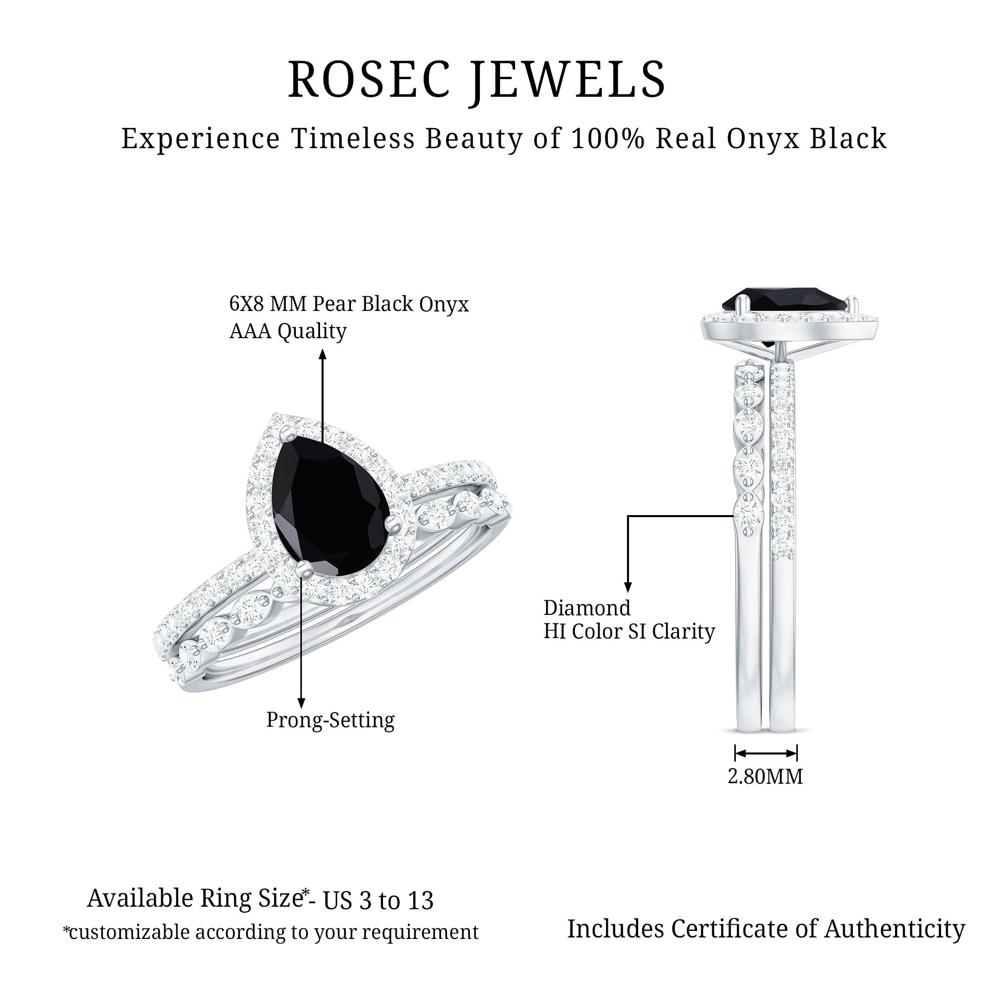 Pear Shaped Black Onyx and Diamond Halo Bridal Ring Set With Certificate