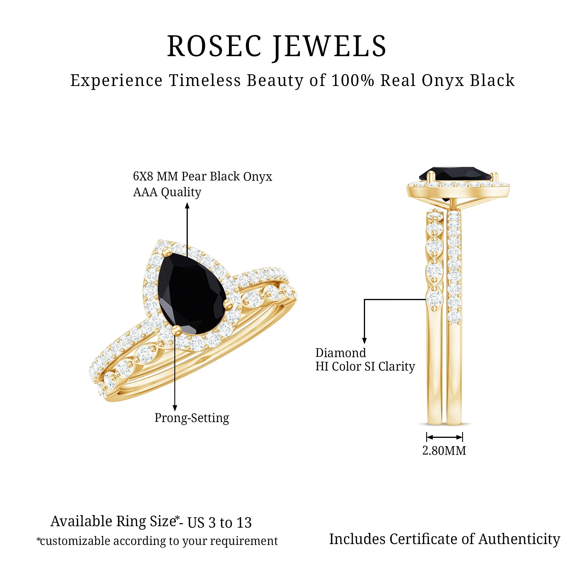 Pear Shaped Black Onyx and Diamond Halo Bridal Ring Set With Certificate