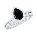 Natural 0.6 Carat Pear Shape Black Spinel Diamond Wedding Engagement Ring Set of 2