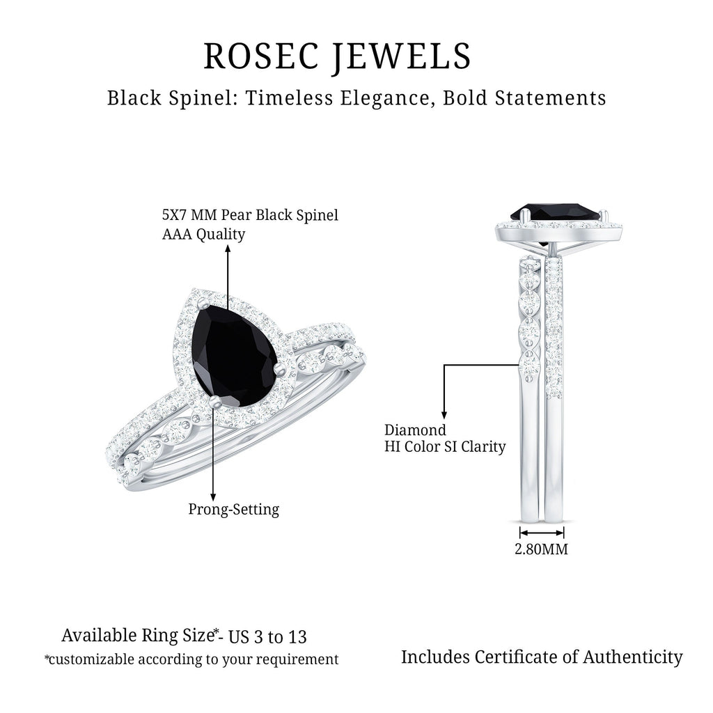 Natural 0.6 Carat Pear Shape Black Spinel Diamond Wedding Engagement Ring Set of 2