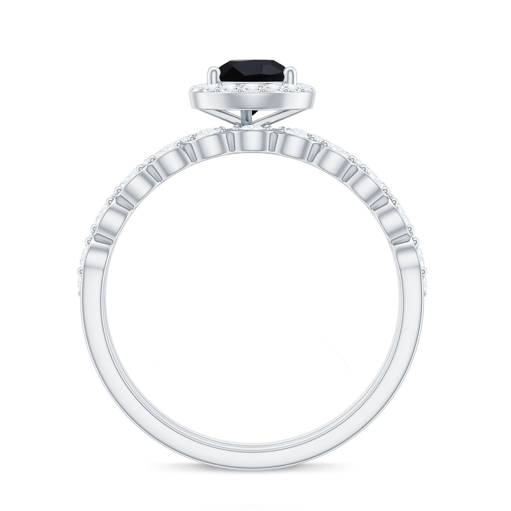 Natural 0.6 Carat Pear Shape Black Spinel Diamond Wedding Engagement Ring Set of 2