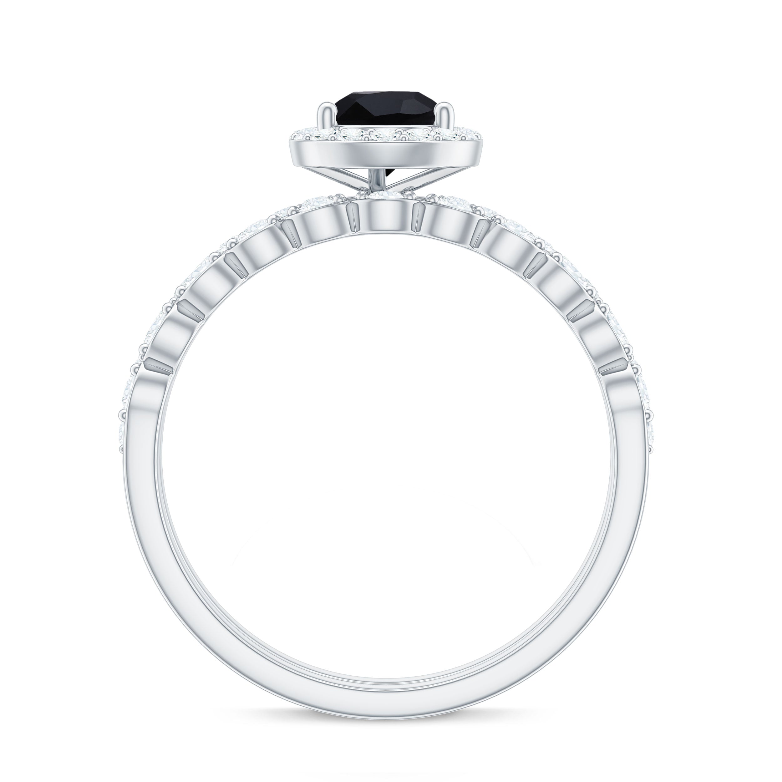 Natural 0.6 Carat Pear Shape Black Spinel Diamond Wedding Engagement Ring Set of 2
