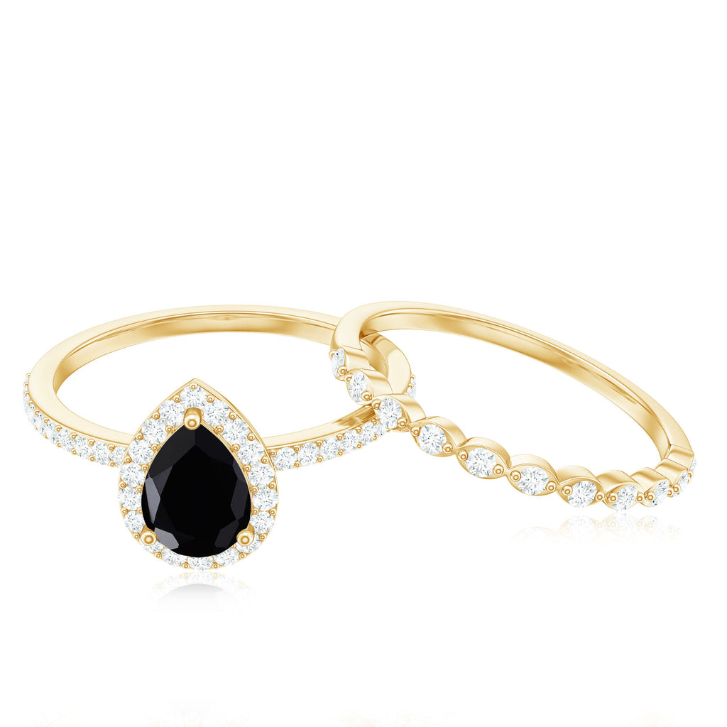 Natural 0.6 Carat Pear Shape Black Spinel Diamond Wedding Engagement Ring Set of 2