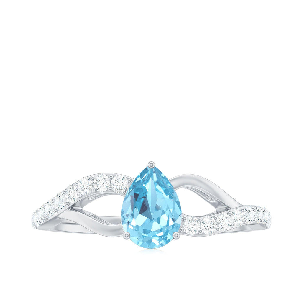 Split Shank Pear Cut Aquamarine Solitaire Ring with Diamond
