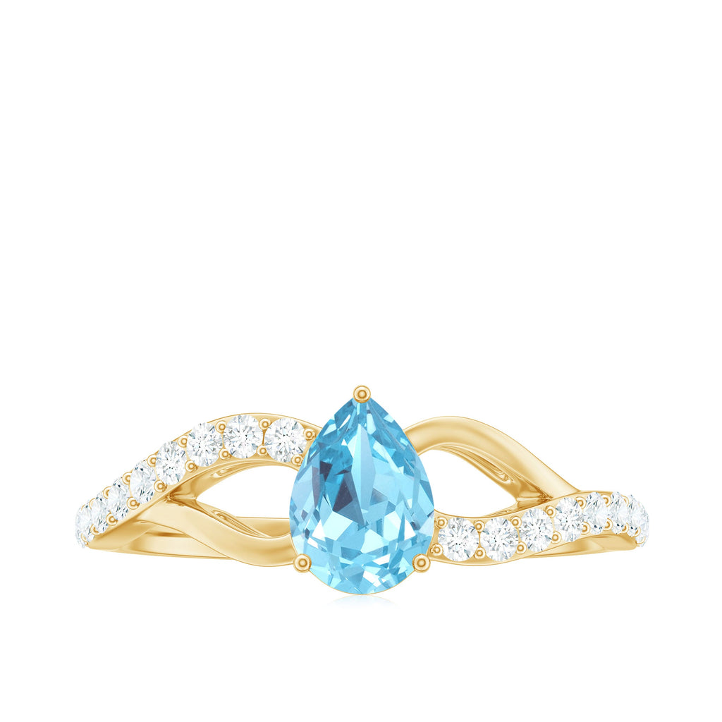 Split Shank Pear Cut Aquamarine Solitaire Ring with Diamond