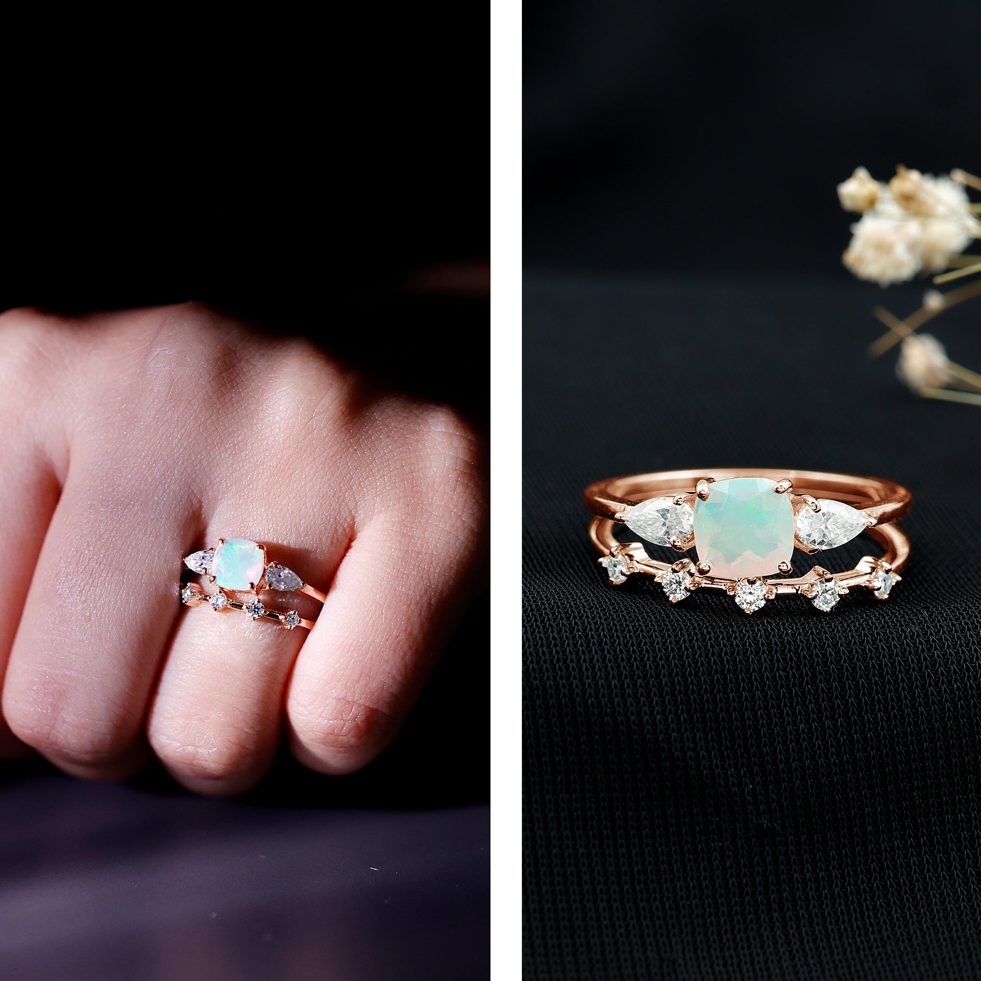 Cushion Cut Real Ethiopian Opal Wedding Ring Set with Diamond