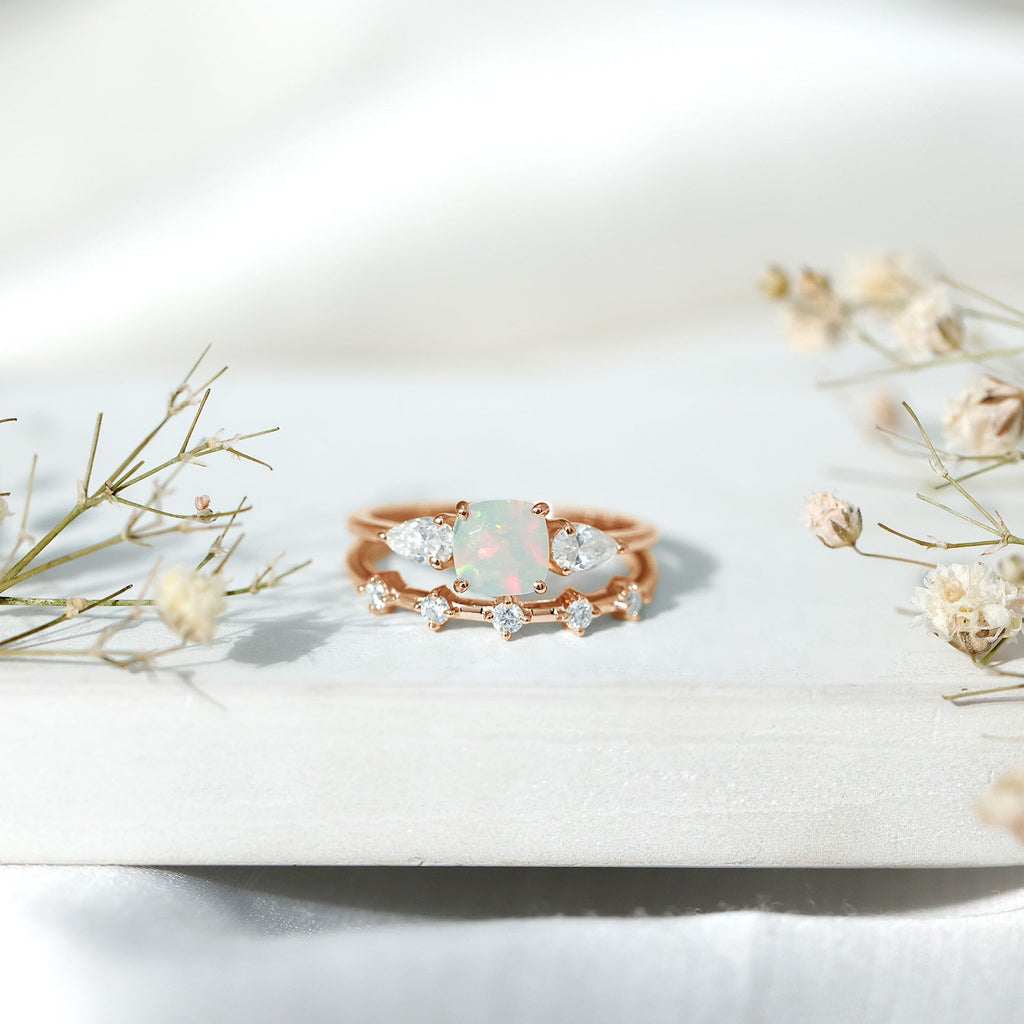 Cushion Cut Real Ethiopian Opal Wedding Ring Set with Diamond
