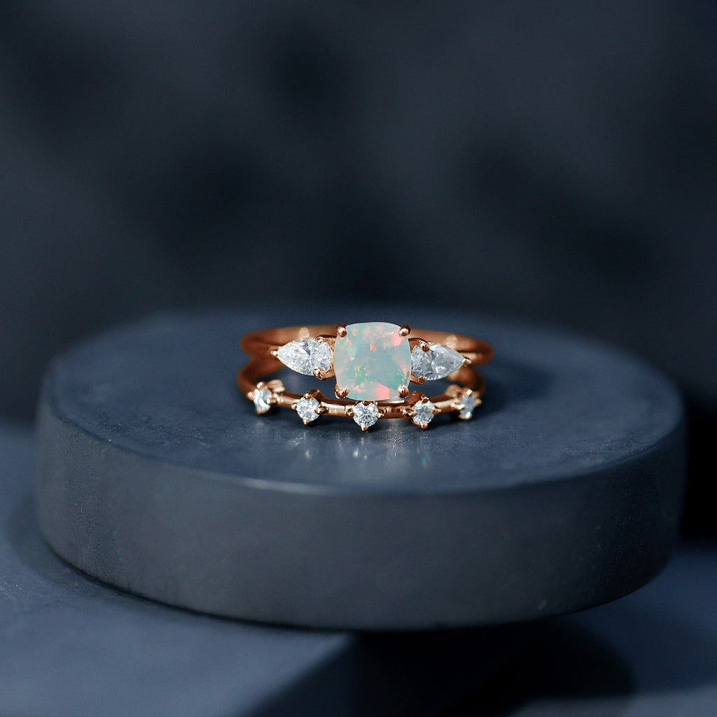Cushion Cut Real Ethiopian Opal Wedding Ring Set with Diamond