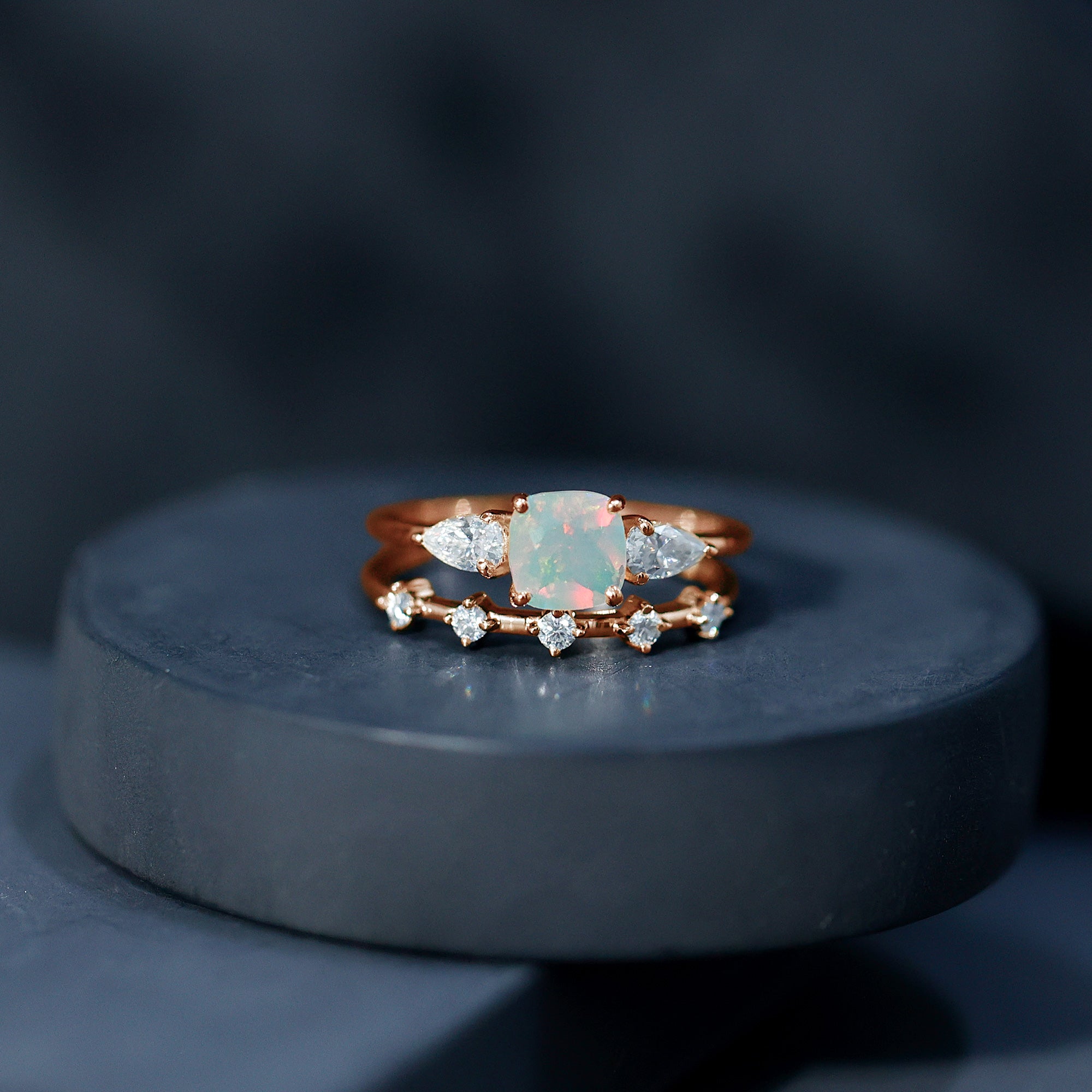 Cushion Cut Real Ethiopian Opal Wedding Ring Set with Diamond