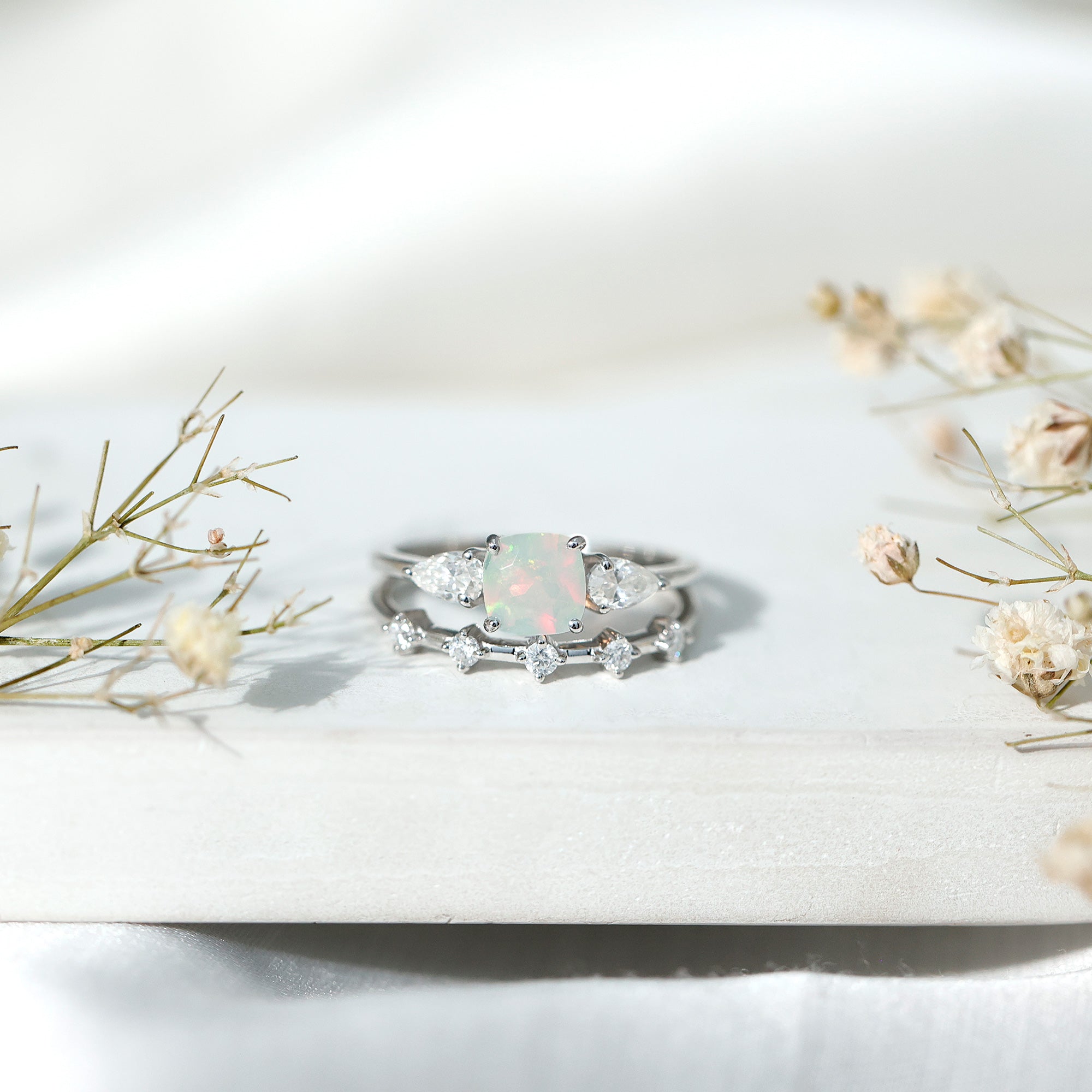 Cushion Cut Real Ethiopian Opal Wedding Ring Set with Diamond