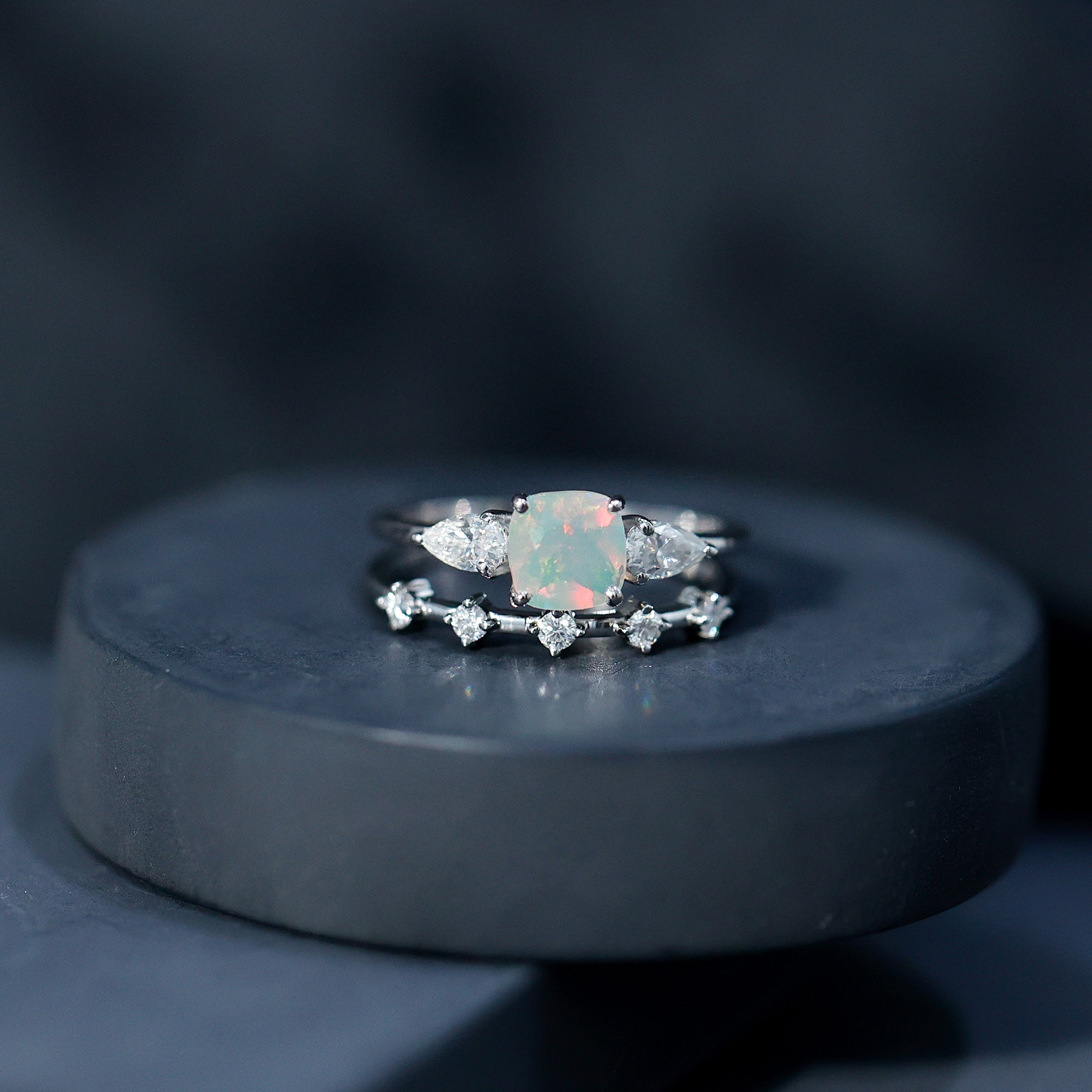 Cushion Cut Real Ethiopian Opal Wedding Ring Set with Diamond