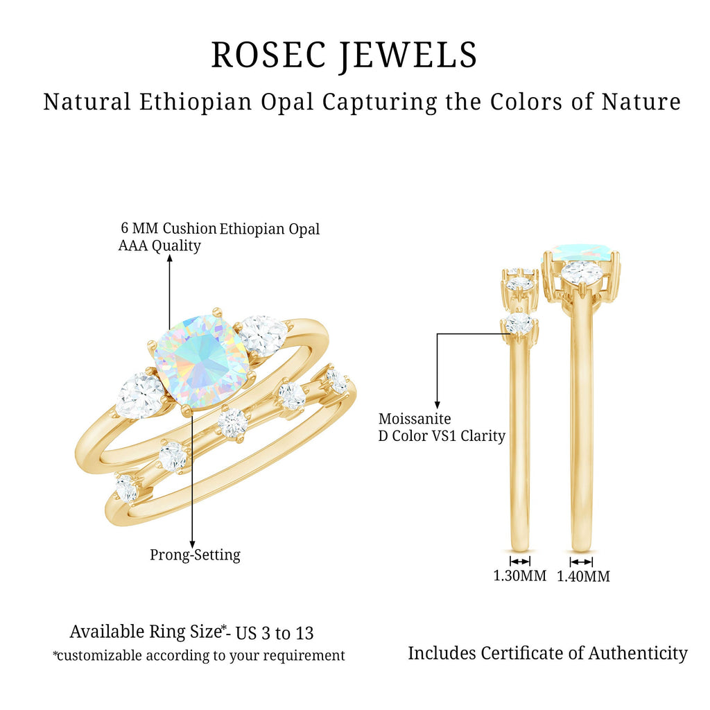 Cushion Cut Real Ethiopian Opal Wedding Ring Set with Diamond