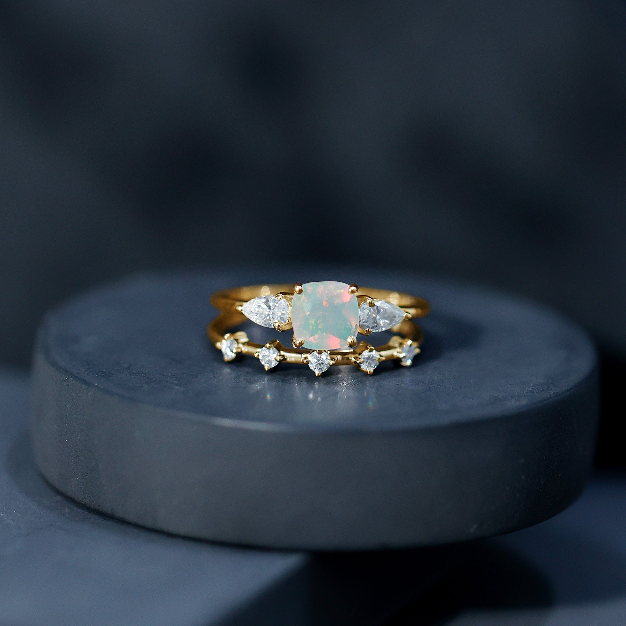 Cushion Cut Real Ethiopian Opal Wedding Ring Set with Diamond