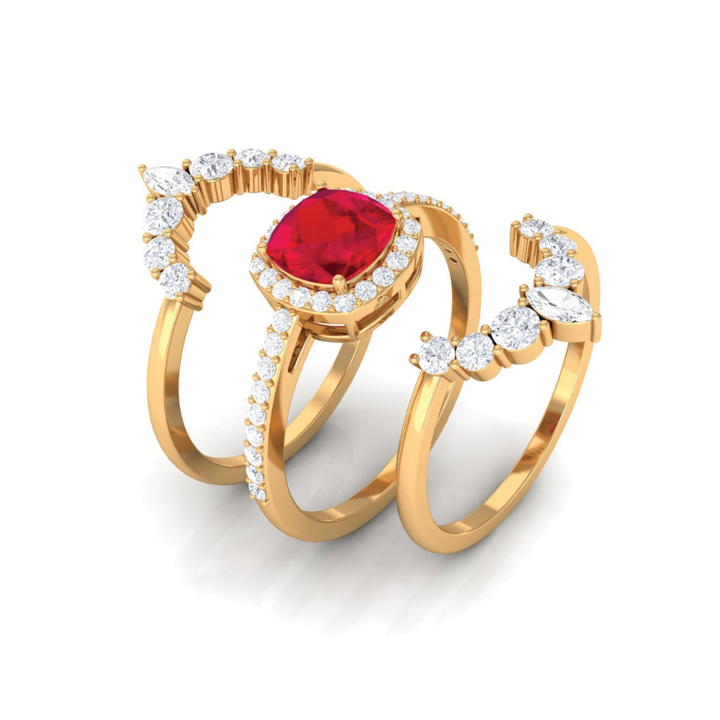 2 Carat Certified Lab Grown Ruby 3 Piece Bridal Ring Set with Moissanite