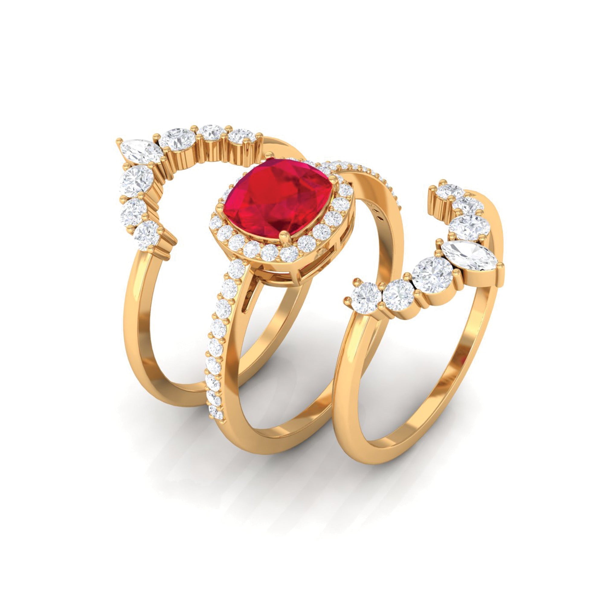 2 Carat Certified Lab Grown Ruby 3 Piece Bridal Ring Set with Moissanite