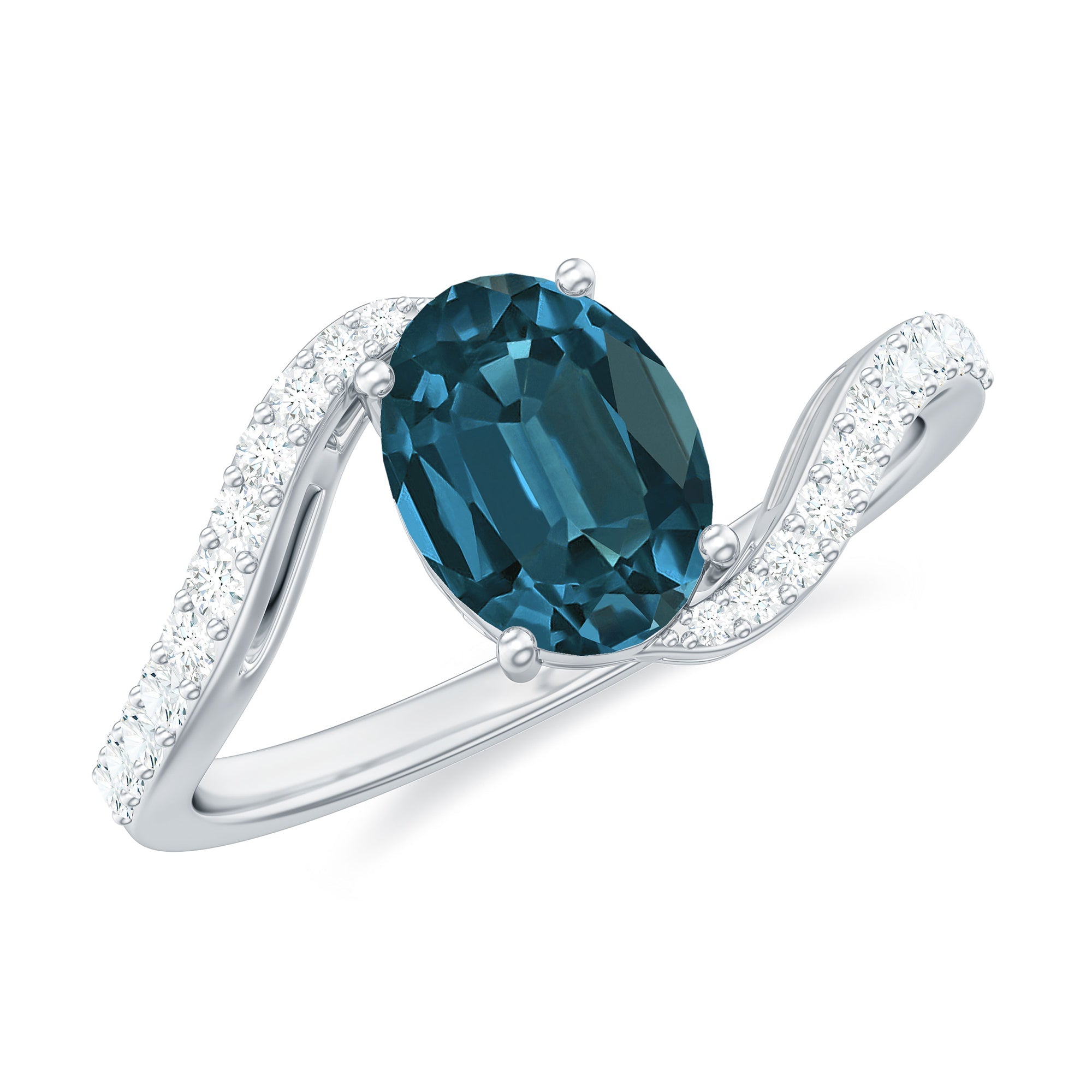 1 Carat Oval Cut London Blue Topaz and Diamond Bypass Engagement Ring