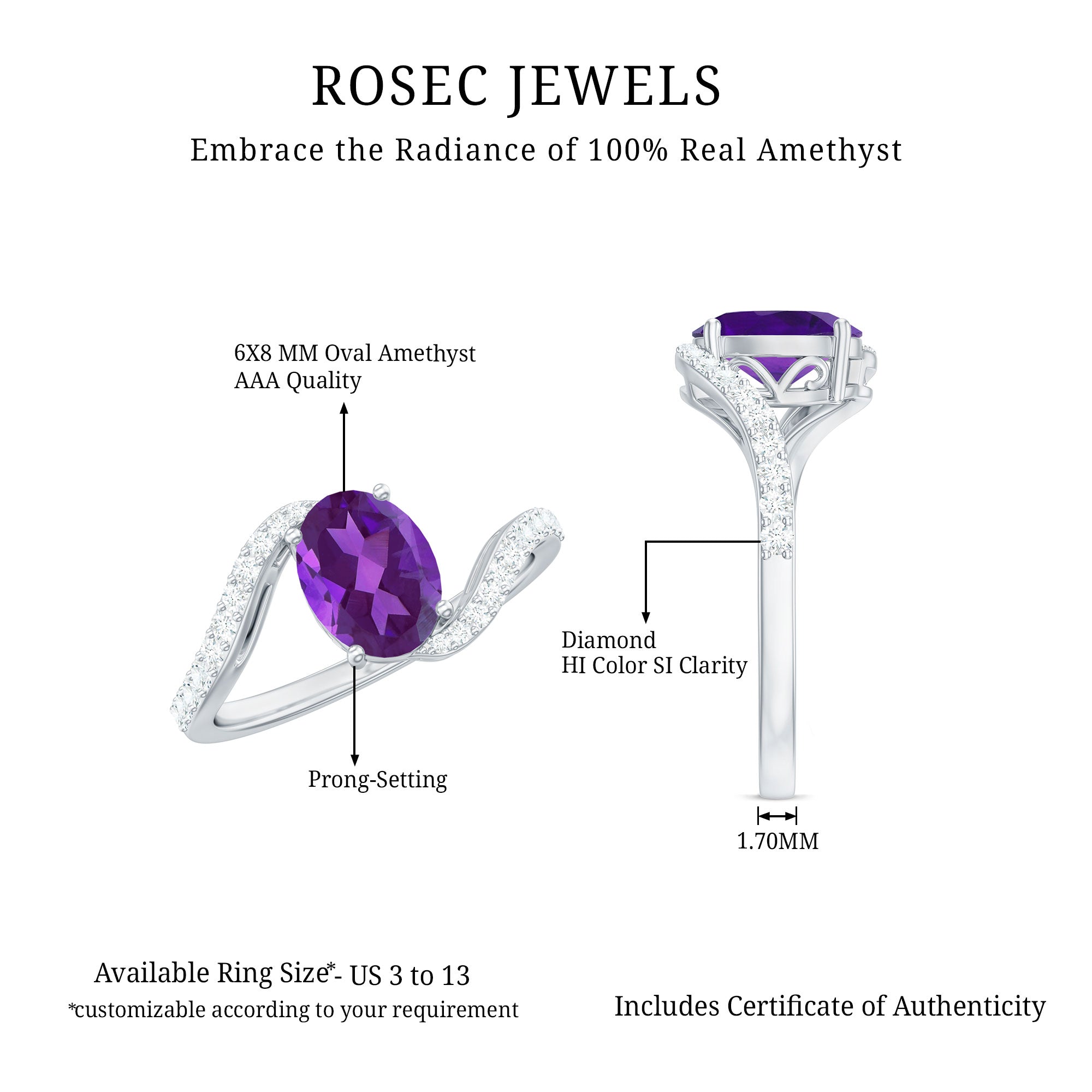 1 Carat Amethyst Oval Engagement Ring with Diamond Bypass Shank